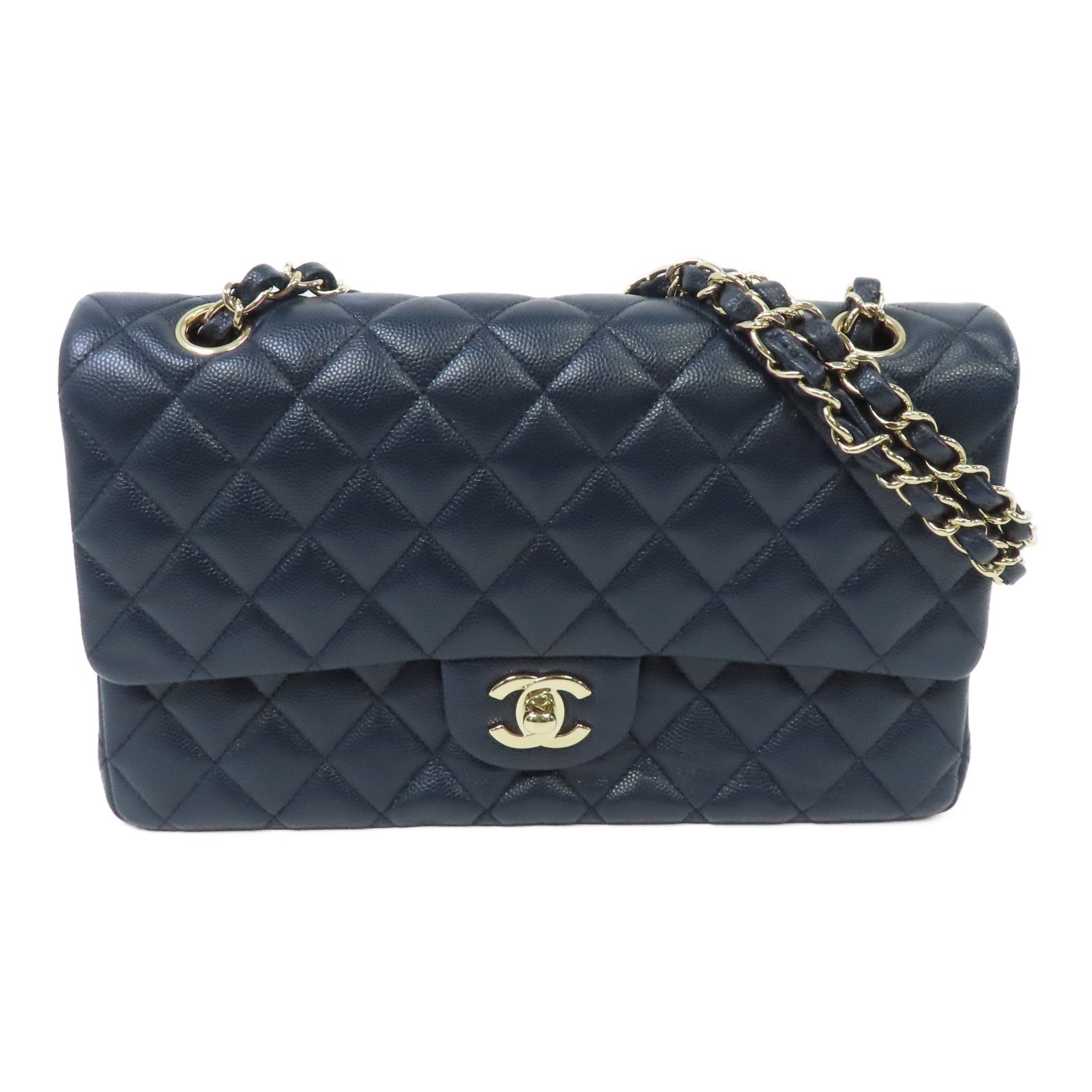 CHANEL 菱格Caviar皮革Classic Flap 25cm金扣鏈帶肩背袋深藍色