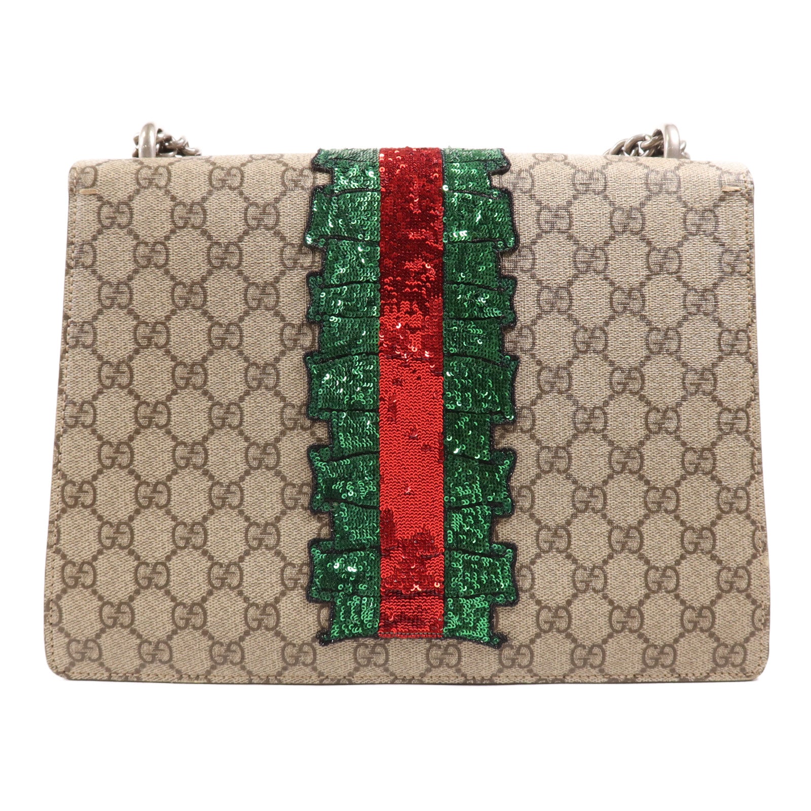 GUCCI 塗層帆布Dionysus Bloom銀扣鏈帶肩背袋