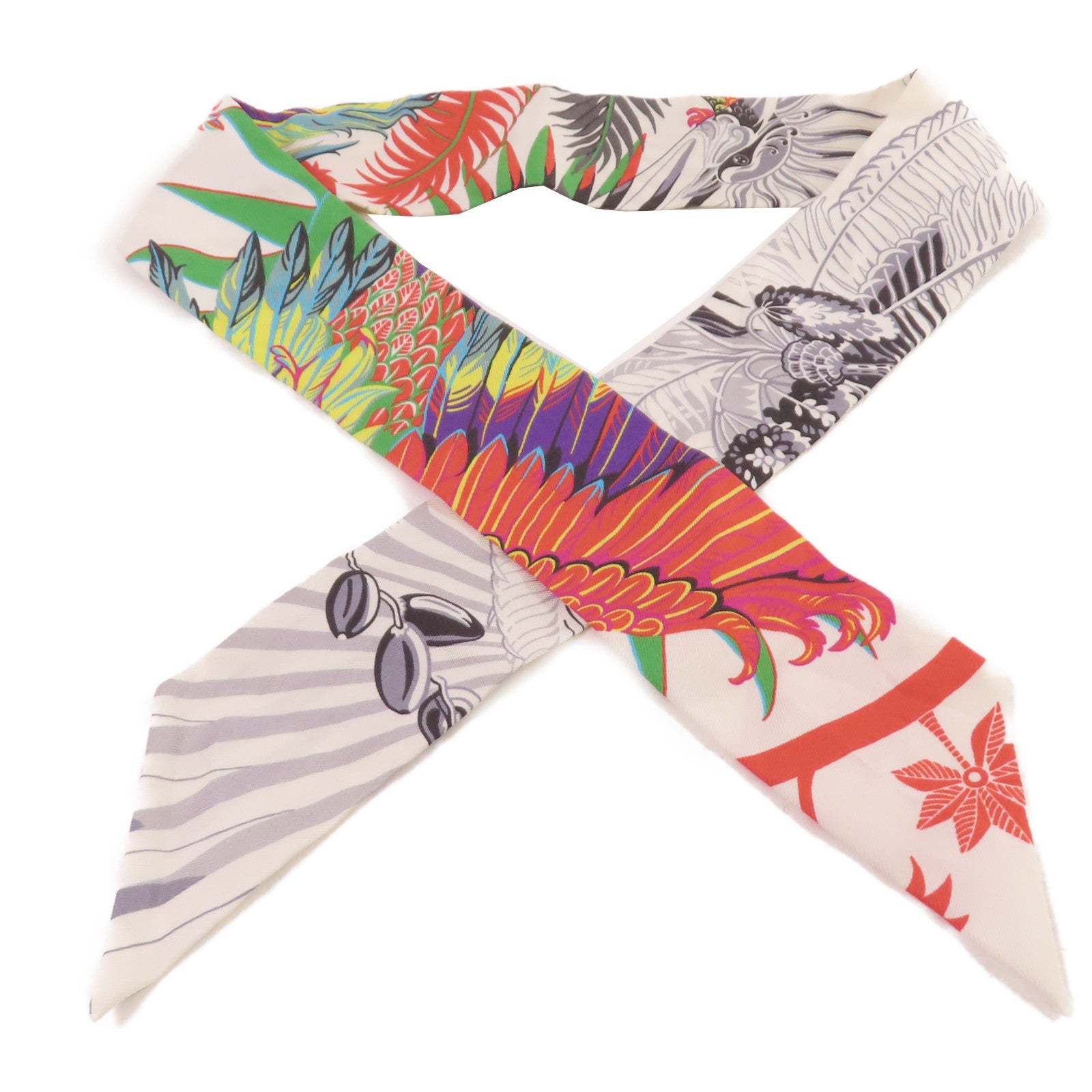 HERMES 絲質Twilly Scarf絲巾白色/灰色/彩色