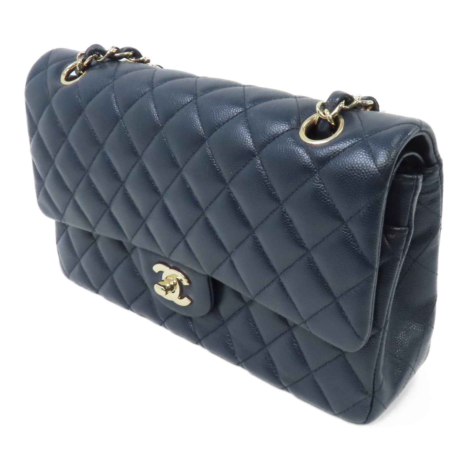 CHANEL 菱格Caviar皮革Classic Flap 25cm金扣鏈帶肩背袋深藍色