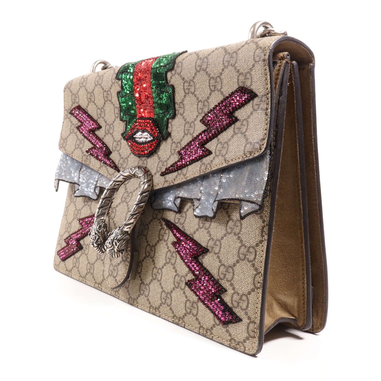 GUCCI 塗層帆布Dionysus Bloom銀扣鏈帶肩背袋