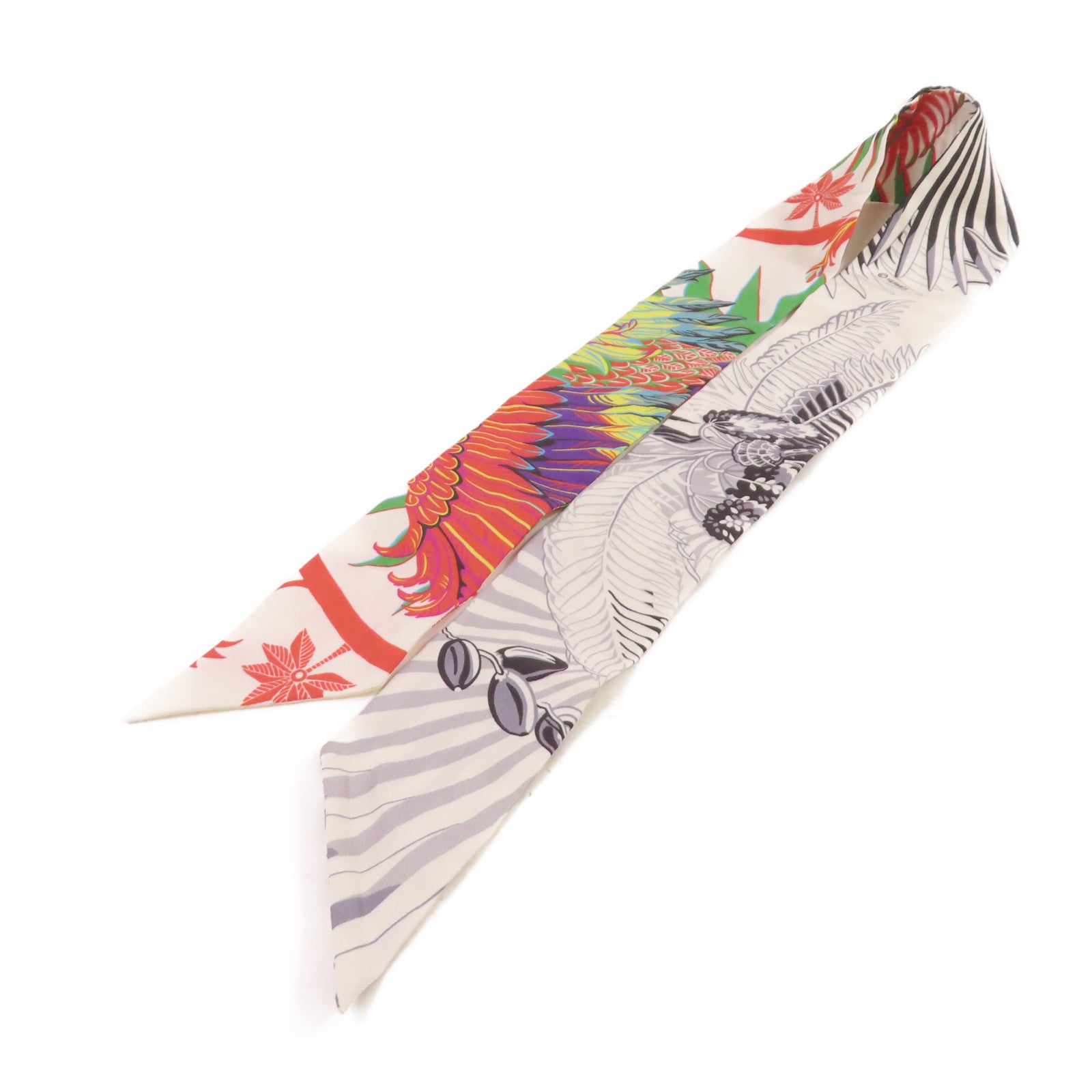 HERMES 絲質Twilly Scarf絲巾白色/灰色/彩色