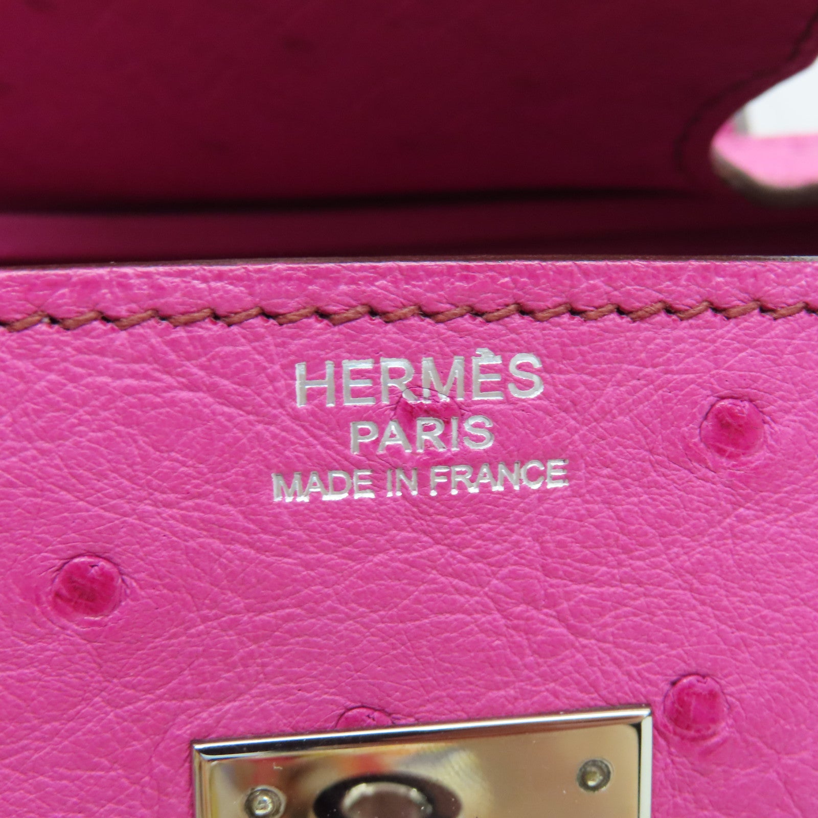 HERMES Ostrich Leather Birkin 30 Silver Buckle Hand Bag Fuchsia
