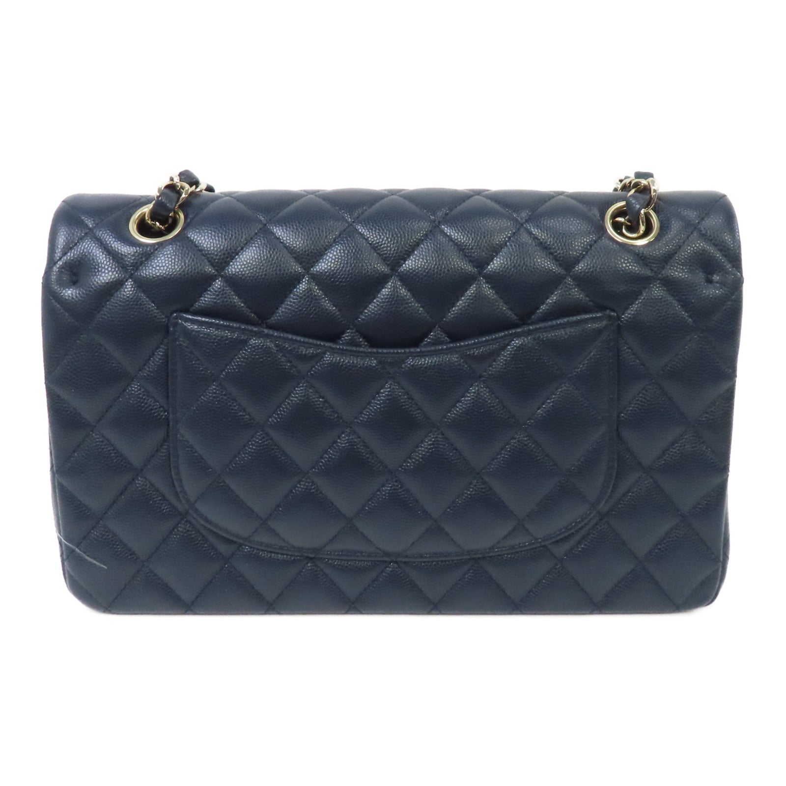CHANEL 菱格Caviar皮革Classic Flap 25cm金扣鏈帶肩背袋深藍色