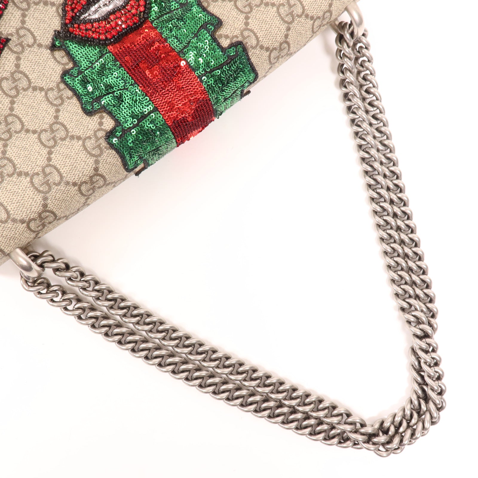 GUCCI 塗層帆布Dionysus Bloom銀扣鏈帶肩背袋