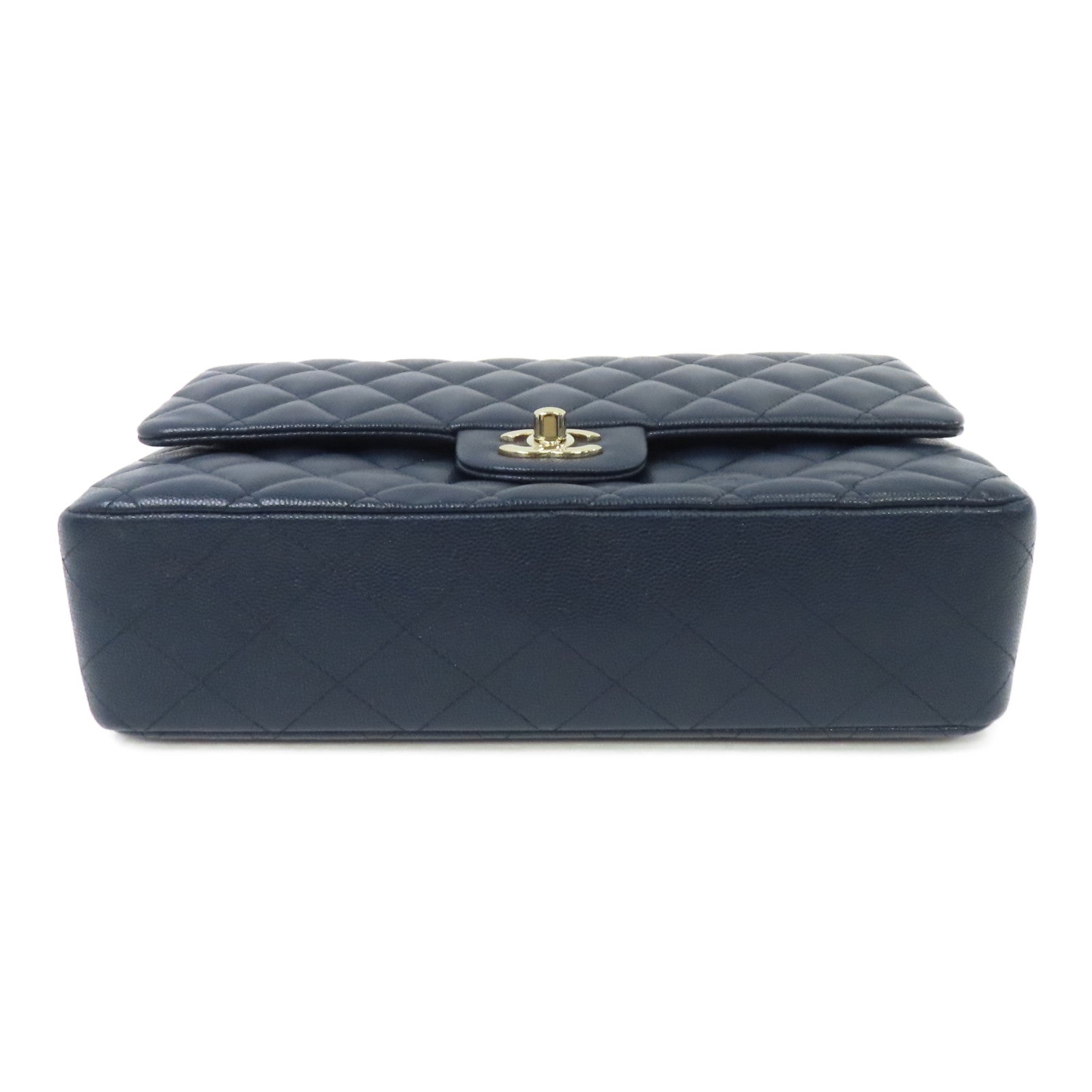 CHANEL 菱格Caviar皮革Classic Flap 25cm金扣鏈帶肩背袋深藍色