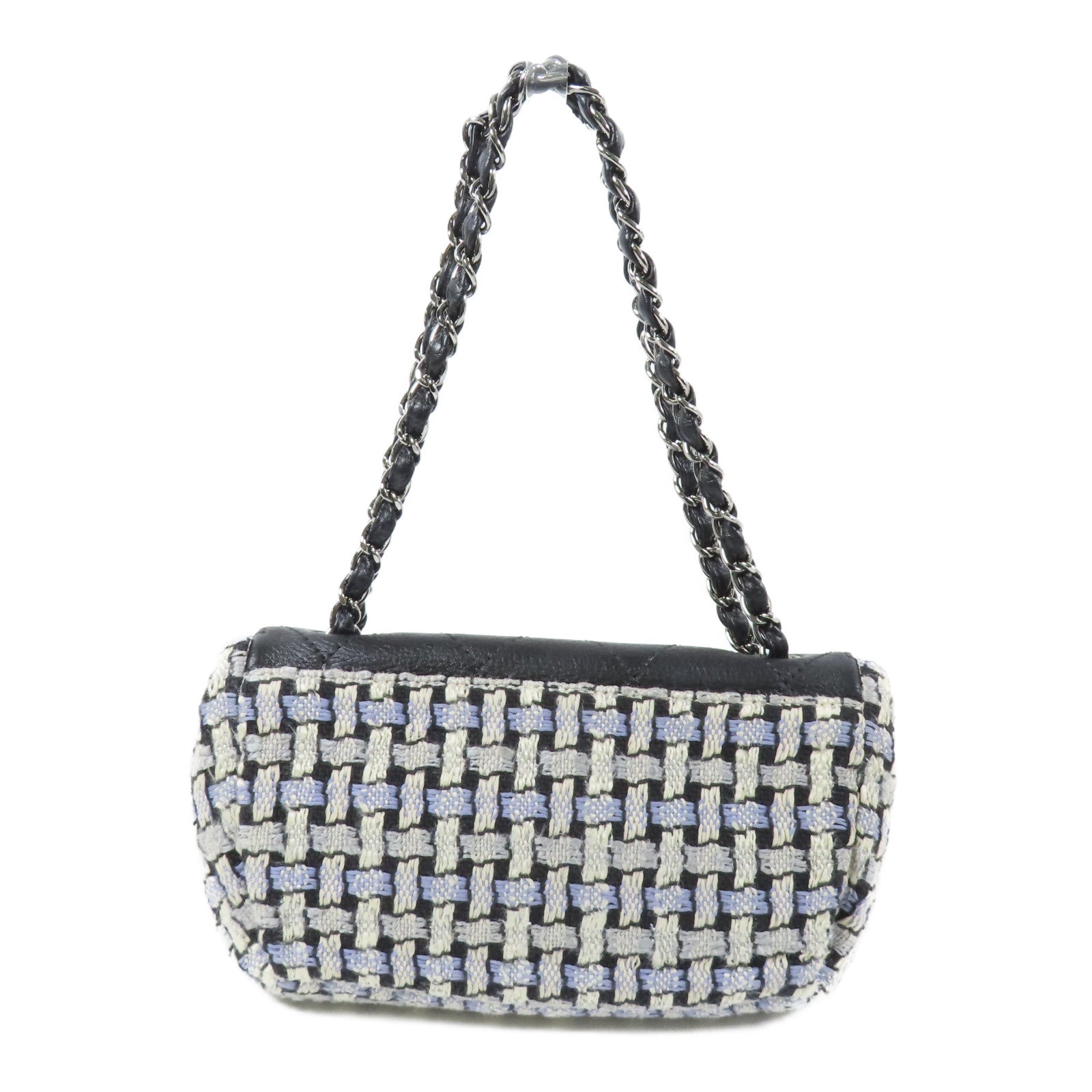 CHANEL Tweed/皮革Chain Shoulder Bag銀扣鏈帶肩背袋