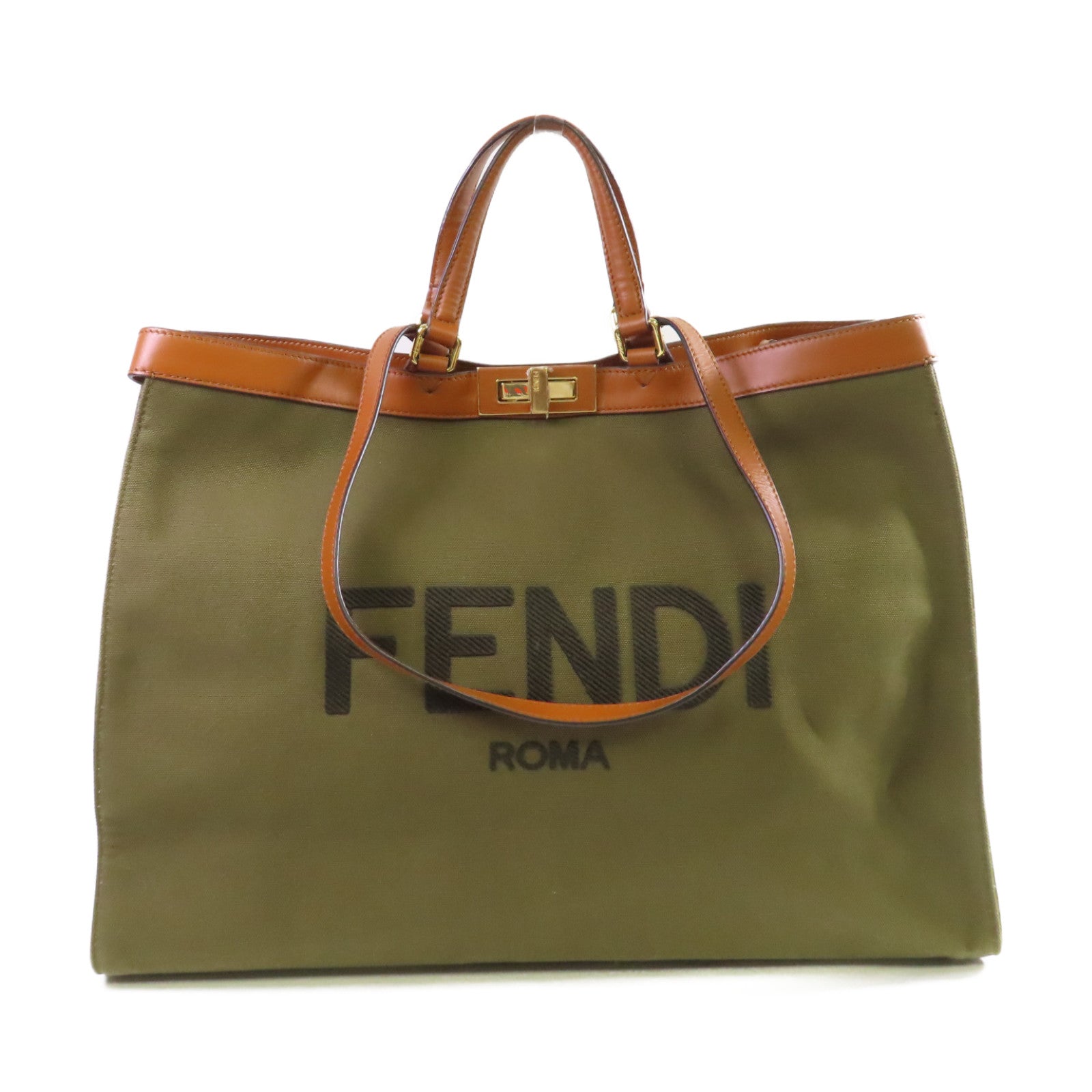 FENDI 帆布Peekaboo X Tote Canvas Large 2Way Shoulder Bag金扣手挽肩背兩用袋軍綠色