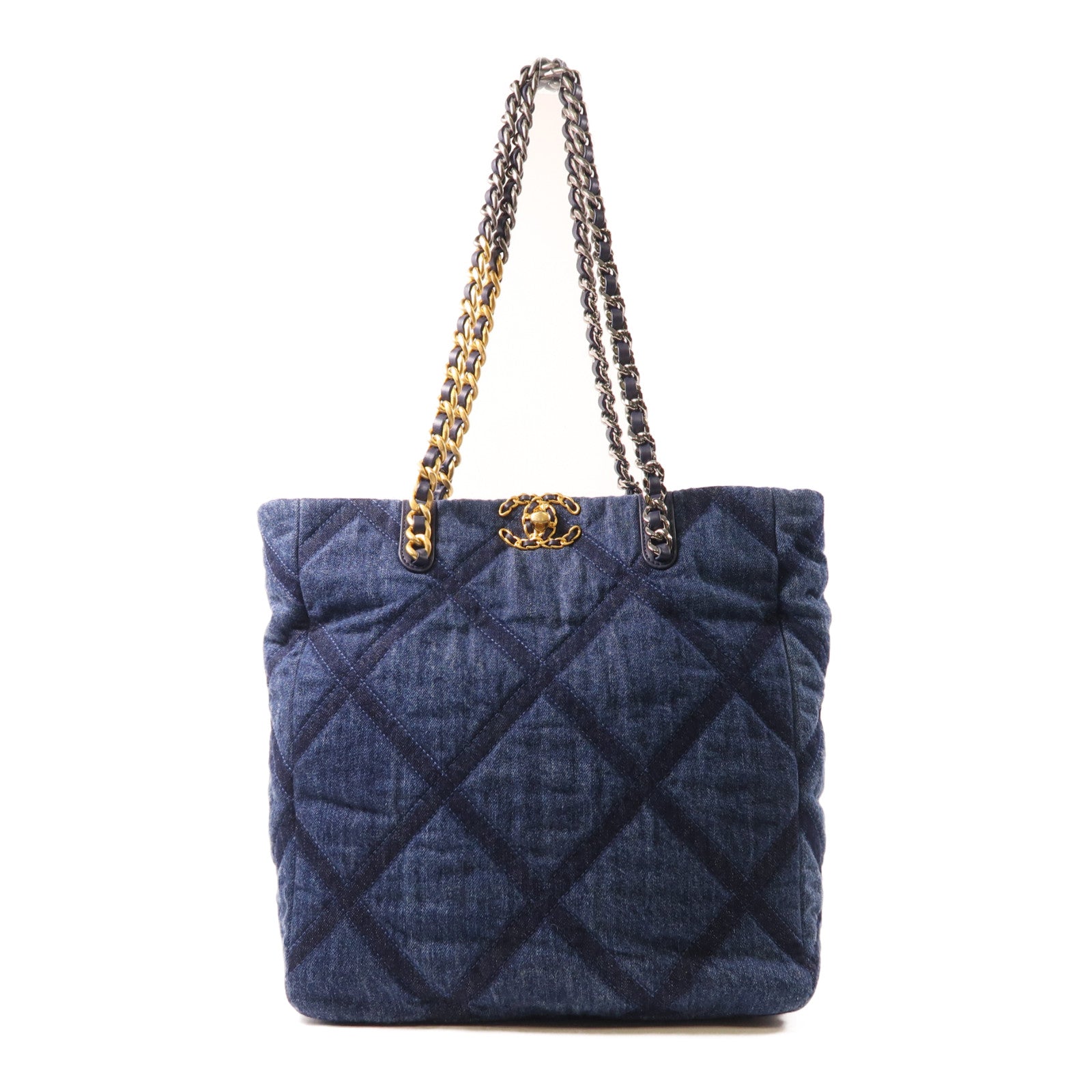 CHANEL 菱格牛仔布Chain Shoulder金扣鏈帶肩背袋藍色
