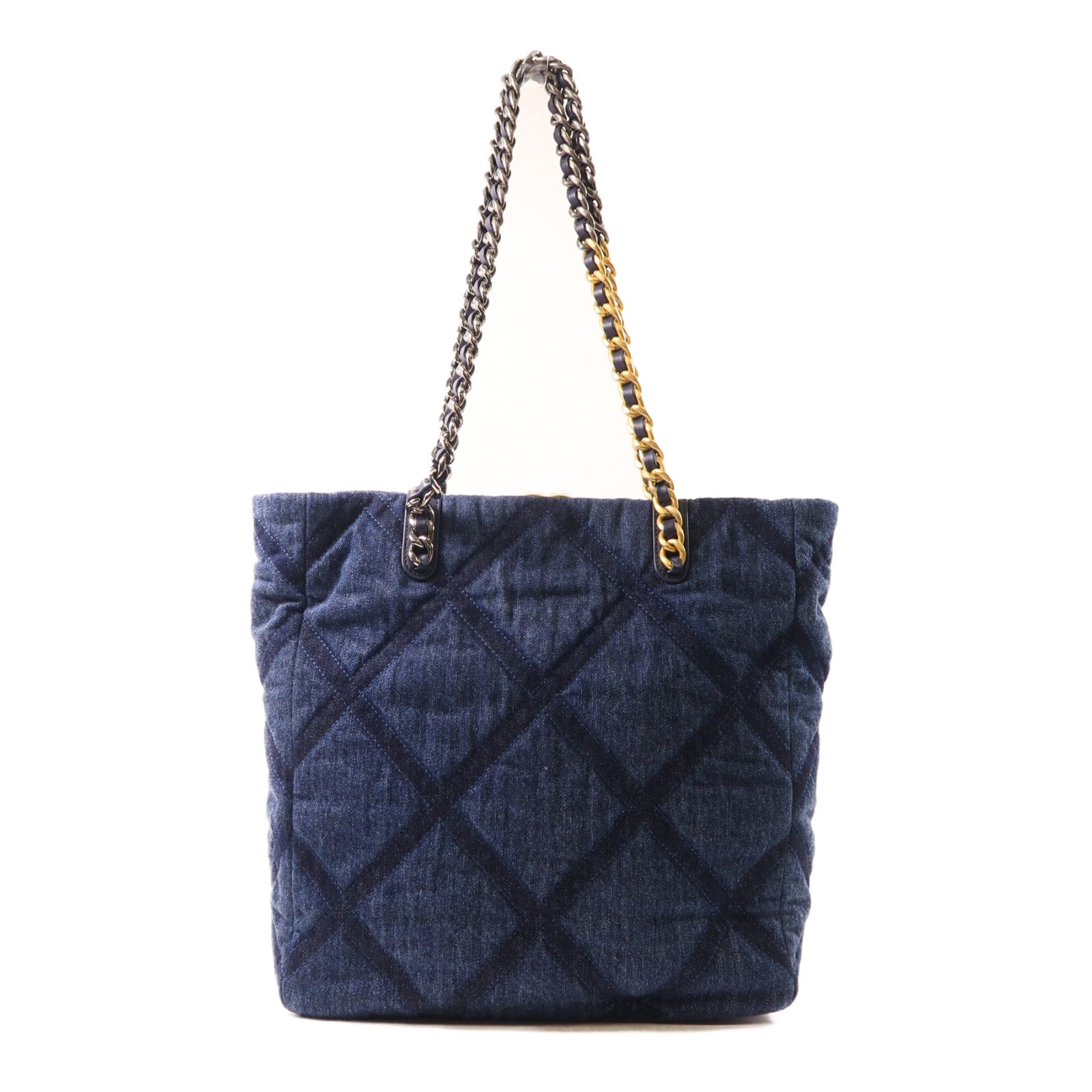 CHANEL 菱格牛仔布Chain Shoulder金扣鏈帶肩背袋藍色
