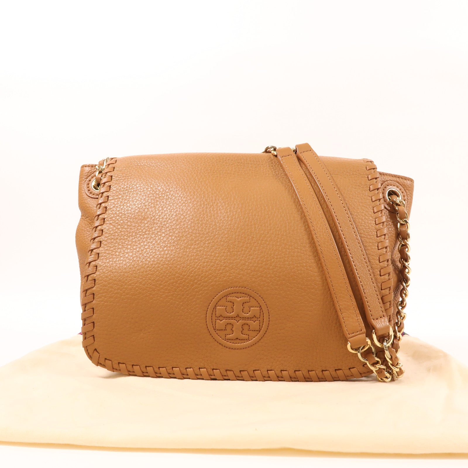 Tory Burch GHW Shoulder Bag Calfskin Leather Brown