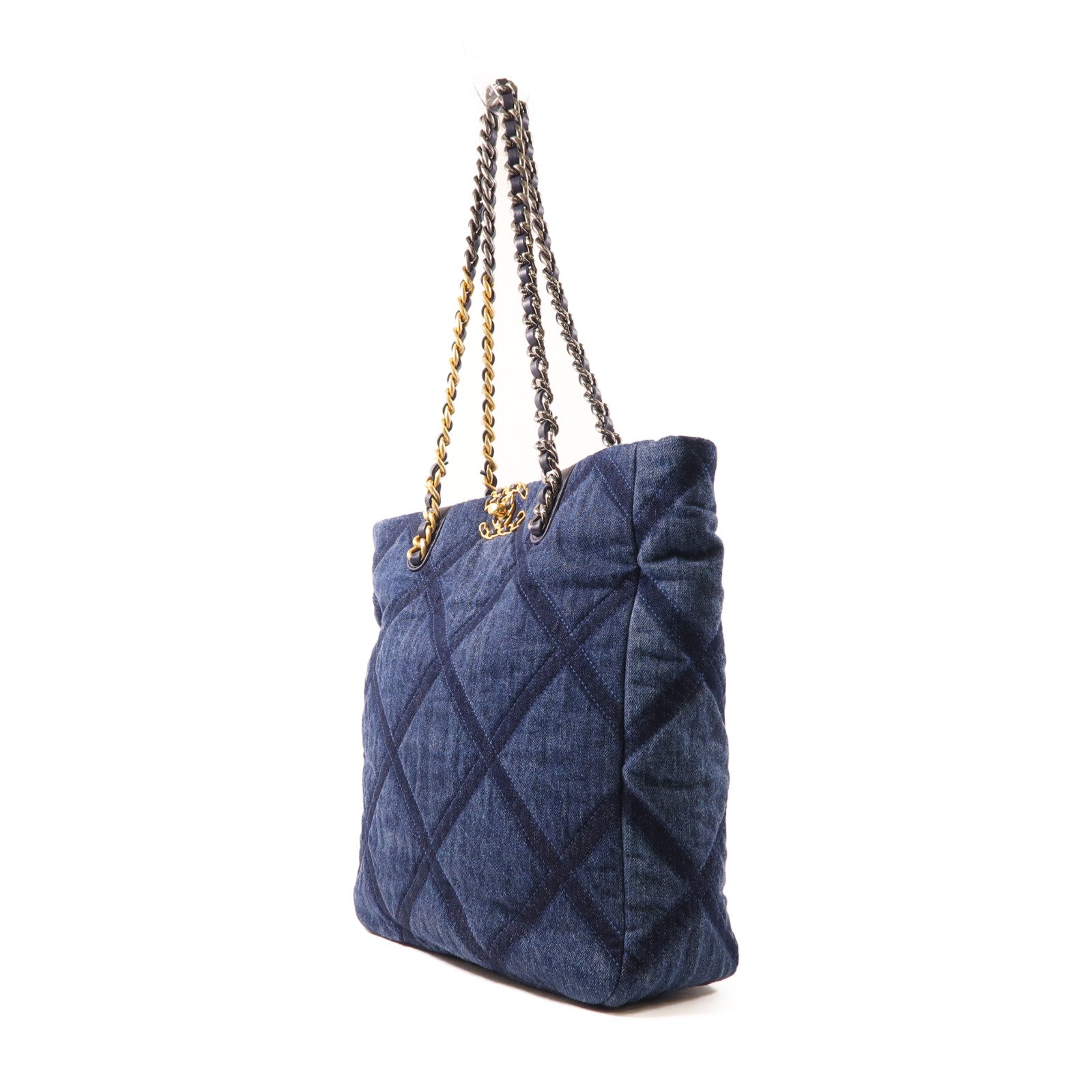 CHANEL 菱格牛仔布Chain Shoulder金扣鏈帶肩背袋藍色