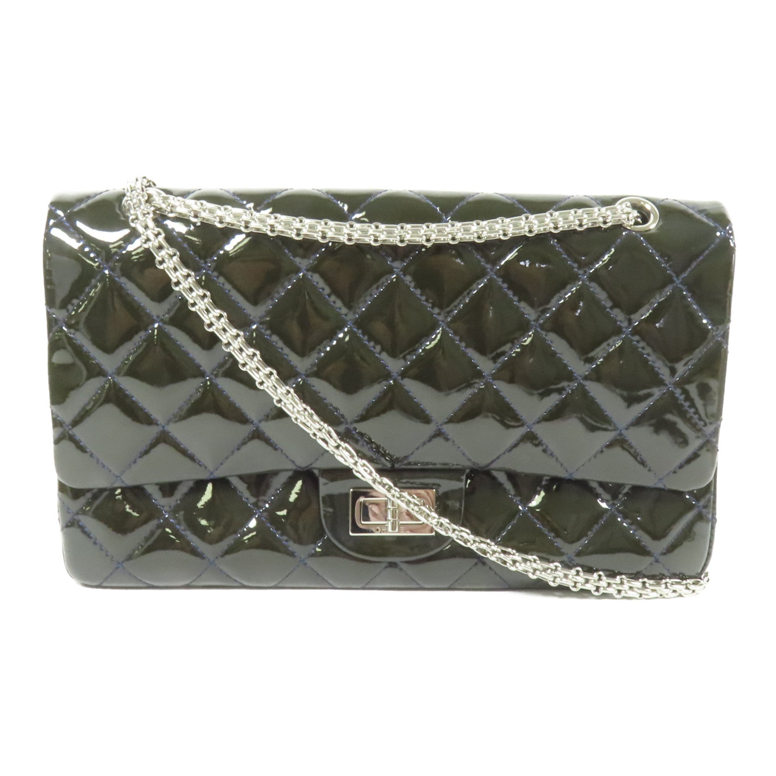 CHANEL 漆皮皮革2.55 Jumbo銀扣鏈帶肩背袋