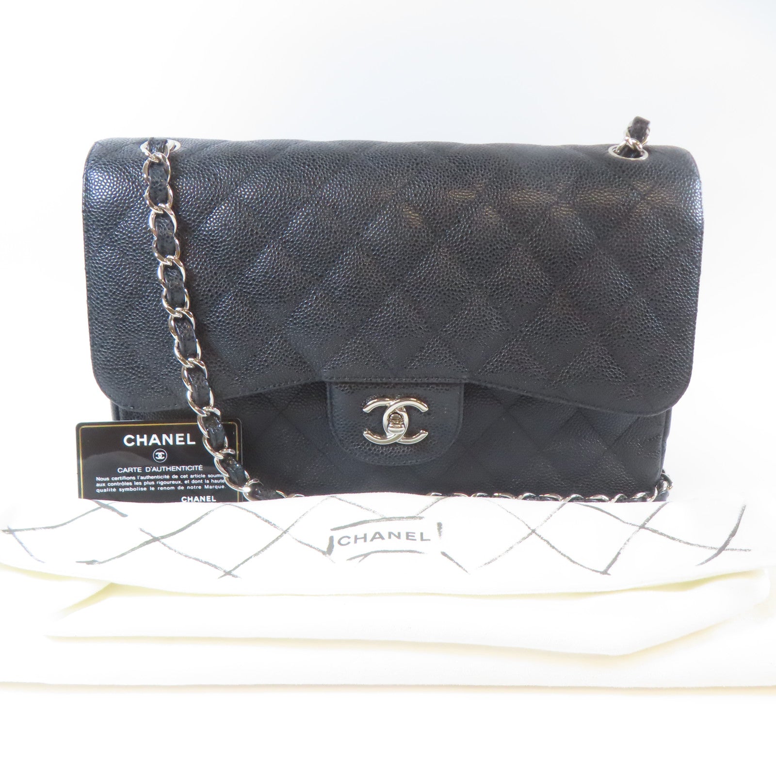 CHANEL **【激減優惠】菱格Caviar皮革Classic Jumbo銀扣鏈帶肩背袋黑色