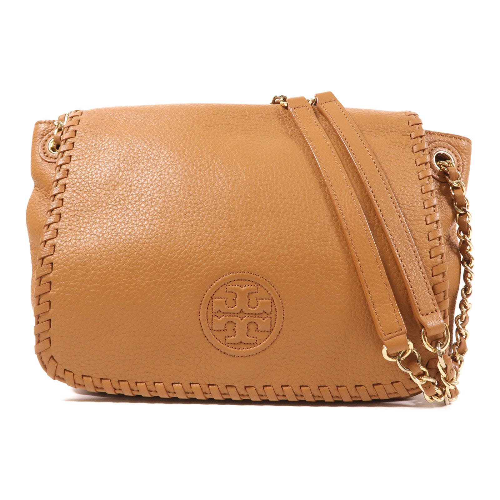 Tory Burch GHW Shoulder Bag Calfskin Leather Brown