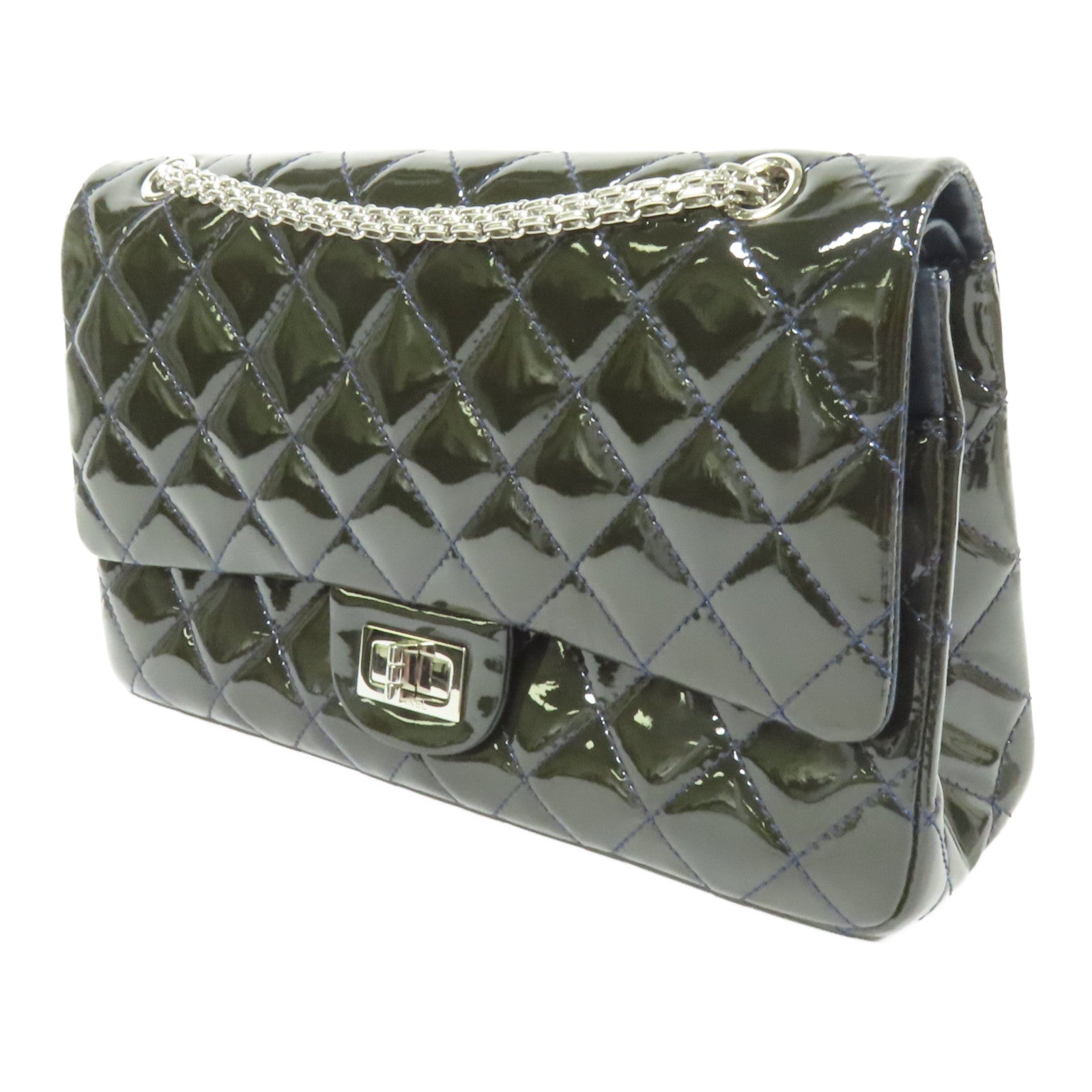 CHANEL 漆皮皮革2.55 Jumbo銀扣鏈帶肩背袋