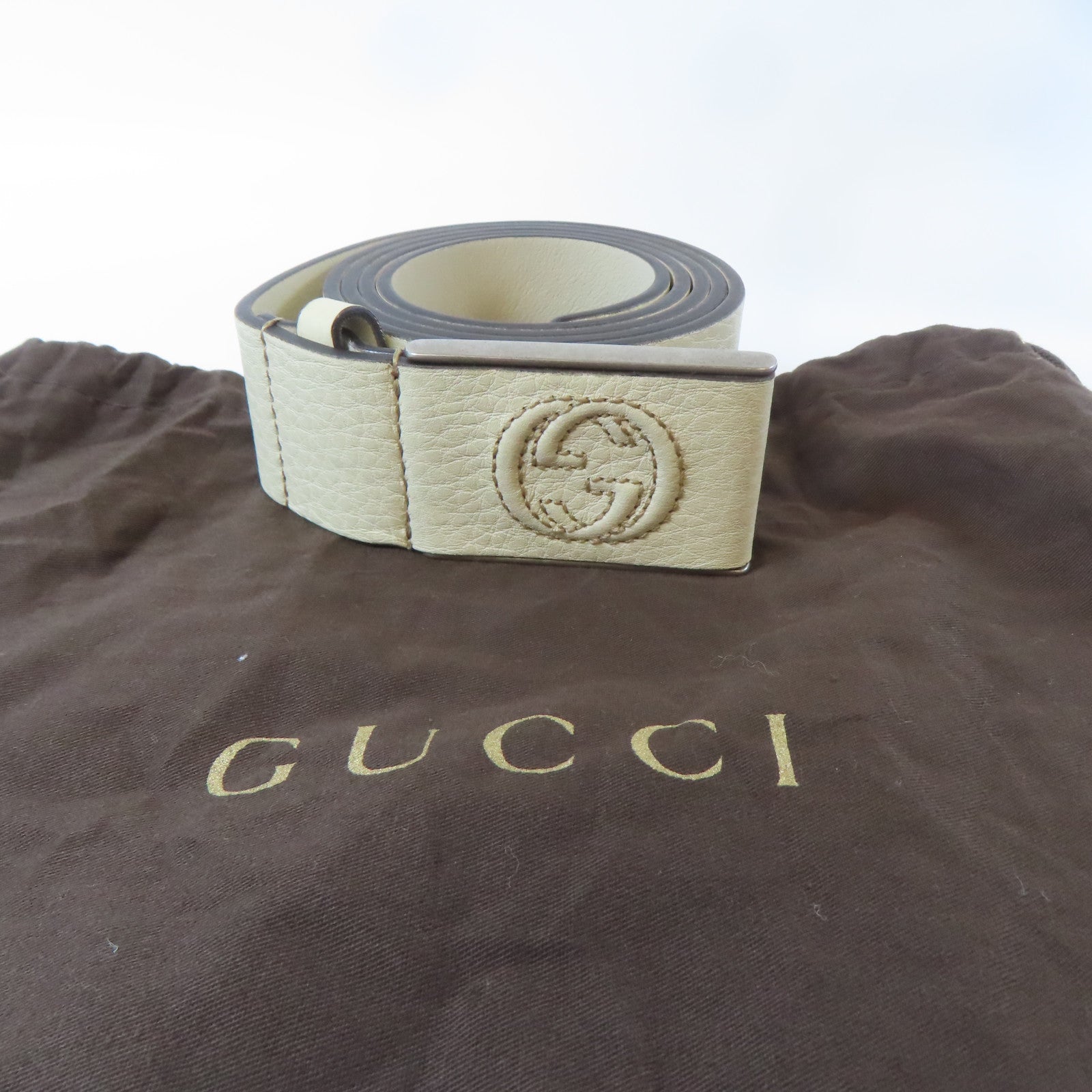 GUCCI 【激減優惠】牛皮皮革Belt銀扣皮帶白色