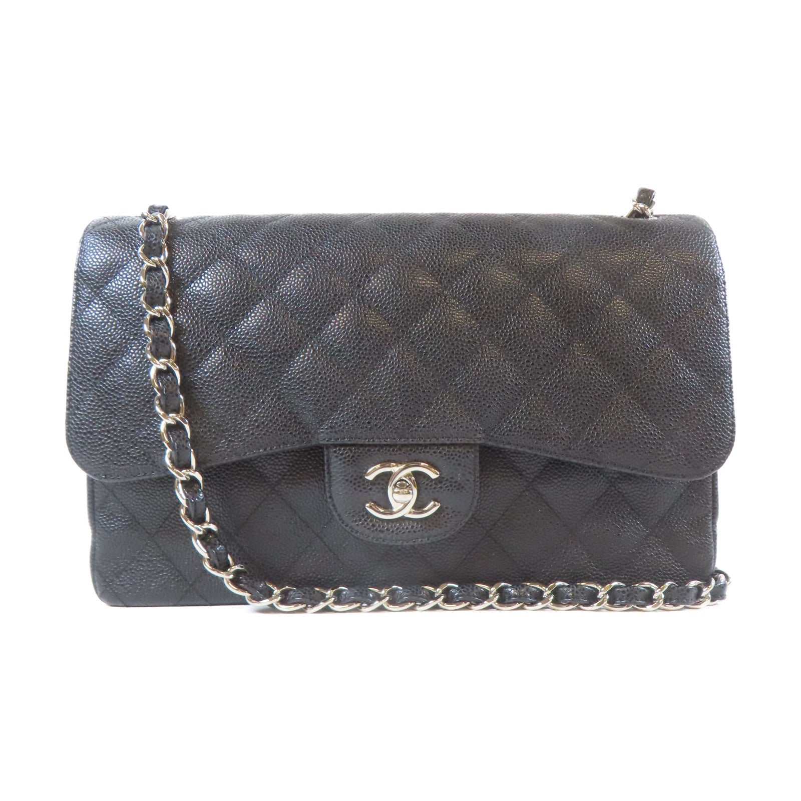 CHANEL **【激減優惠】菱格Caviar皮革Classic Jumbo銀扣鏈帶肩背袋黑色