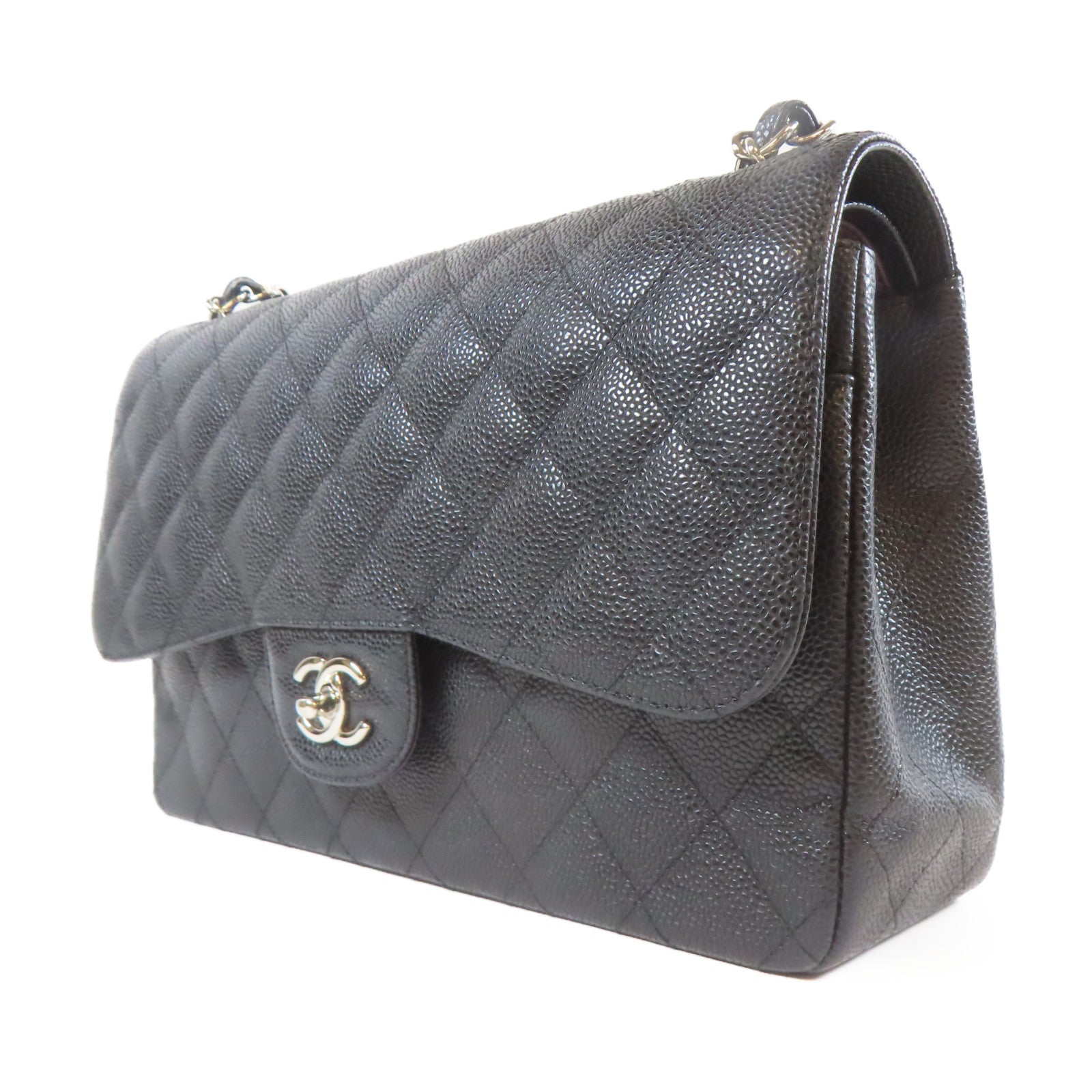 CHANEL **【激減優惠】菱格Caviar皮革Classic Jumbo銀扣鏈帶肩背袋黑色