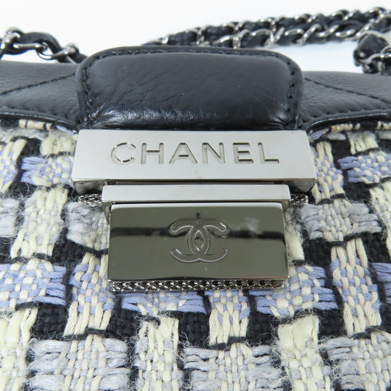 CHANEL Tweed/皮革Chain Shoulder Bag銀扣鏈帶肩背袋