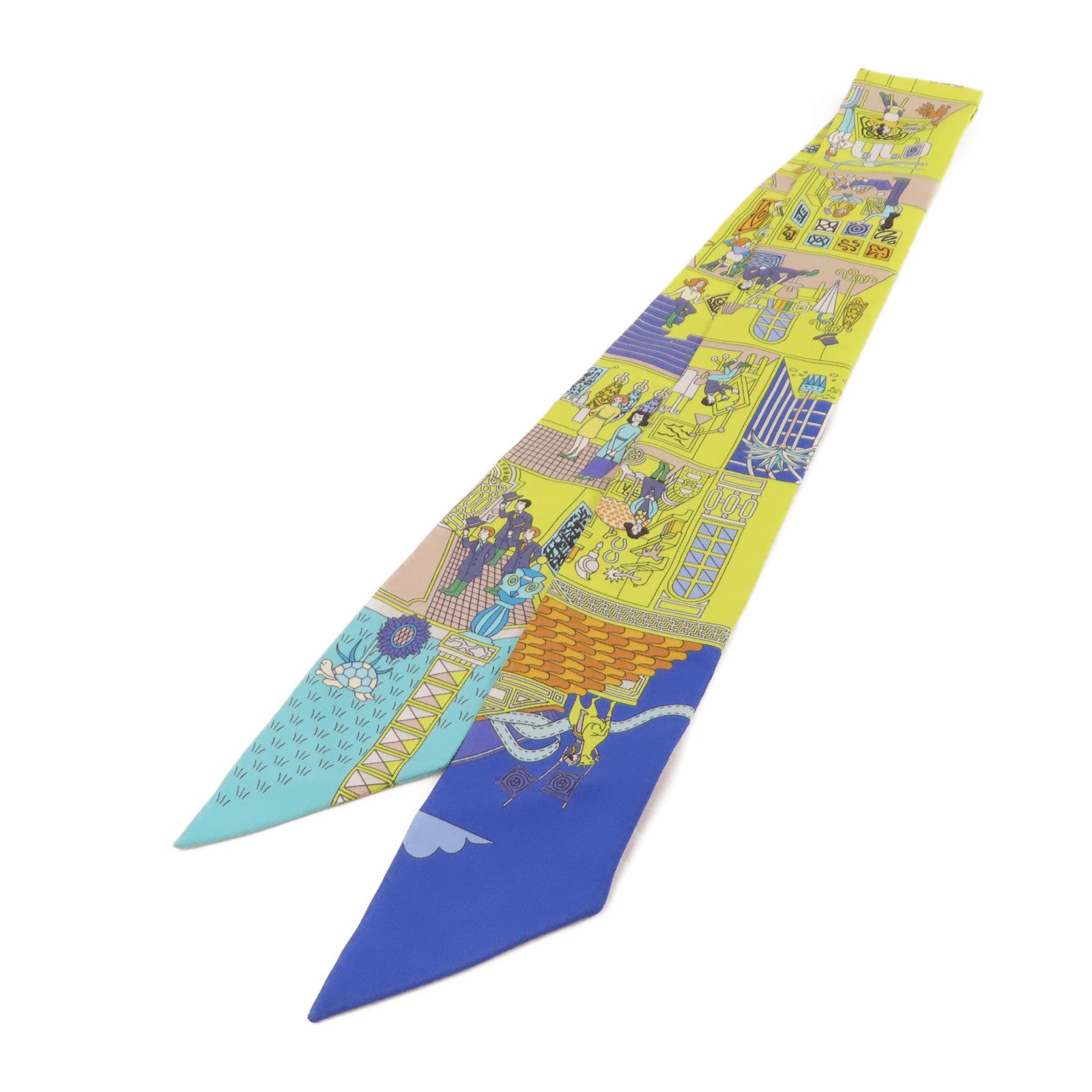 HERMES 絲質Twilly Scarf絲巾青黃色/藍色/彩色
