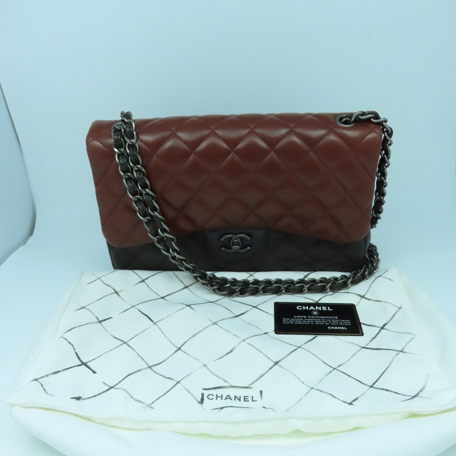 CHANEL **【激減優惠】菱格羊皮皮革Jumbo金扣鏈帶肩背袋紅色/黑色