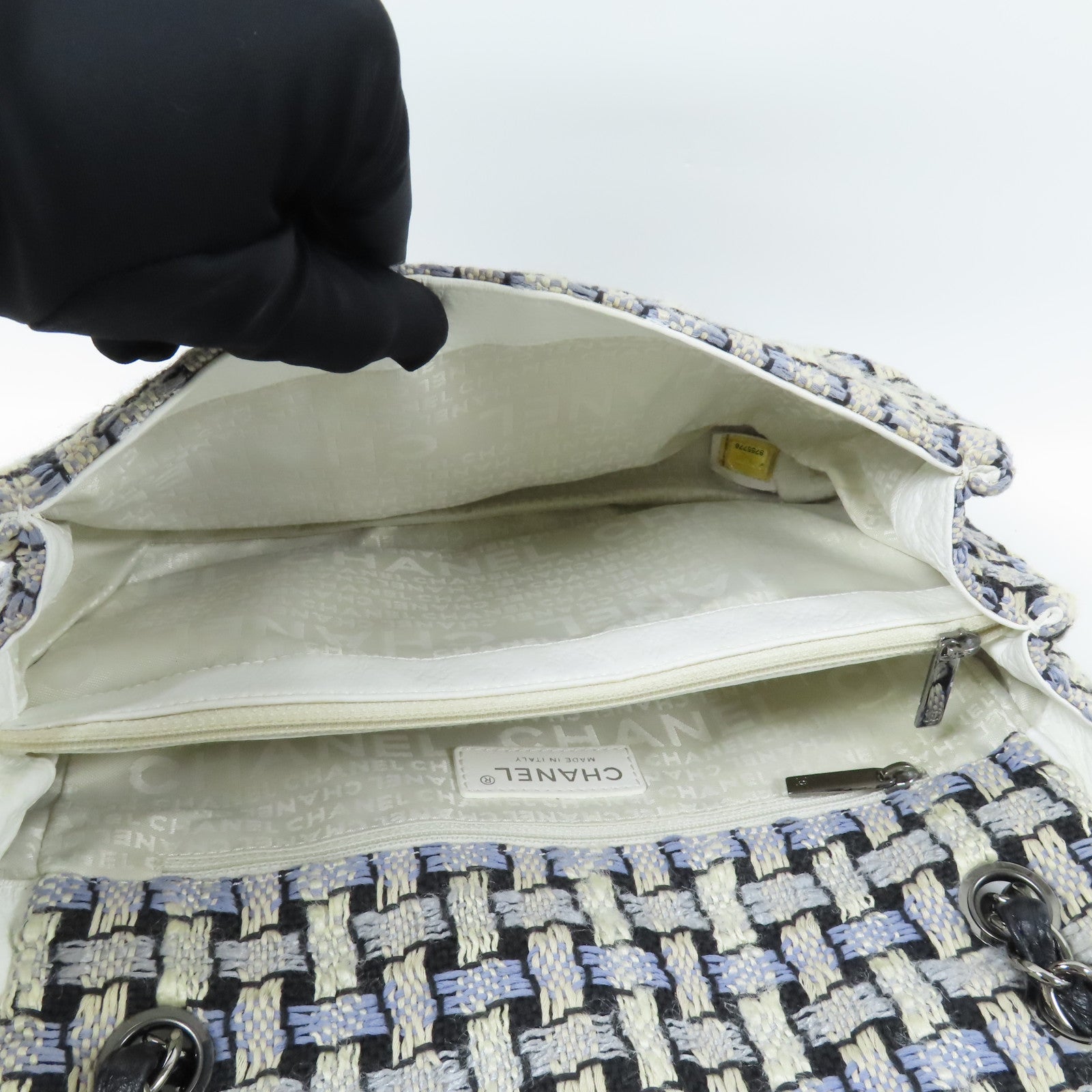 CHANEL Tweed/皮革Chain Shoulder Bag銀扣鏈帶肩背袋