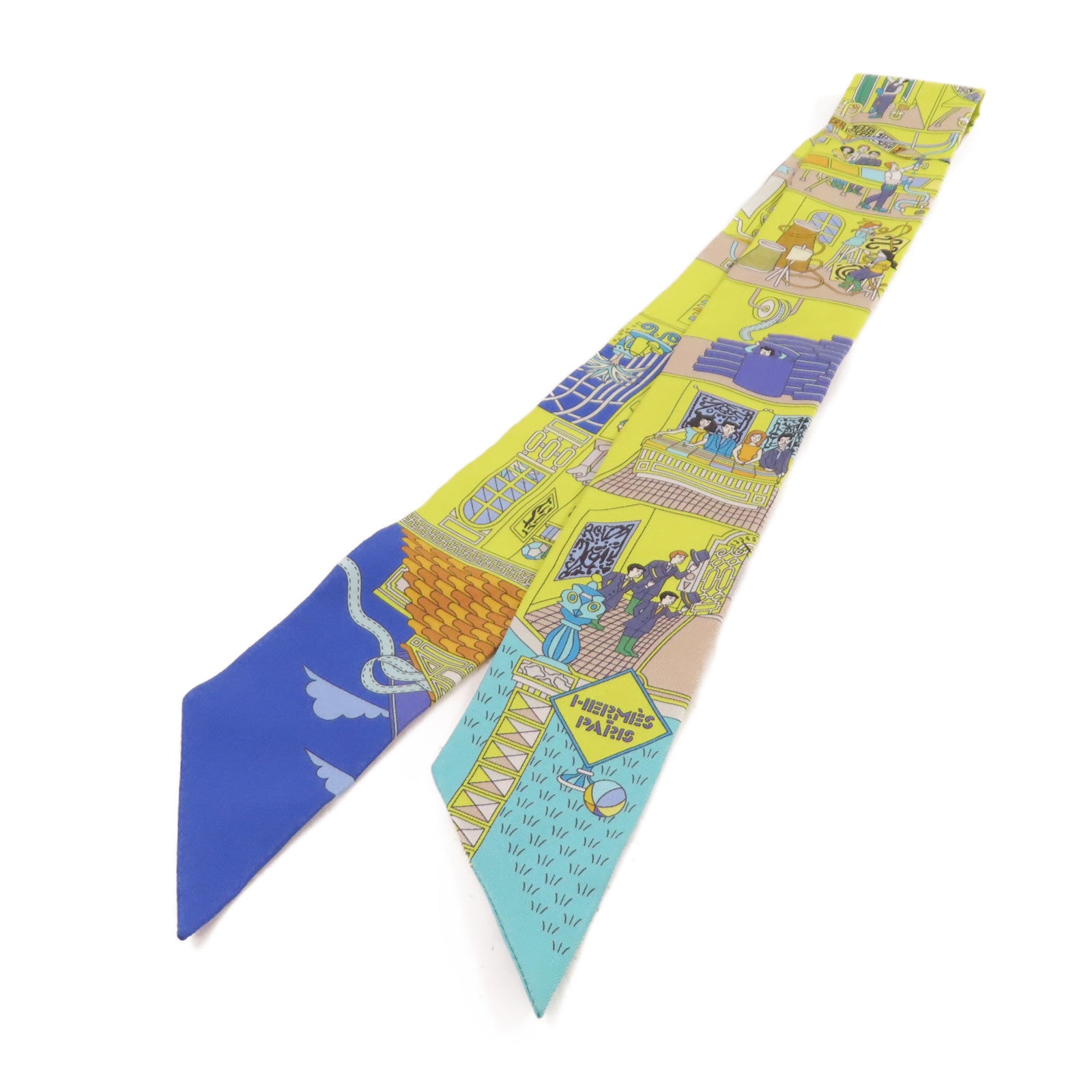 HERMES 絲質Twilly Scarf絲巾青黃色/藍色/彩色