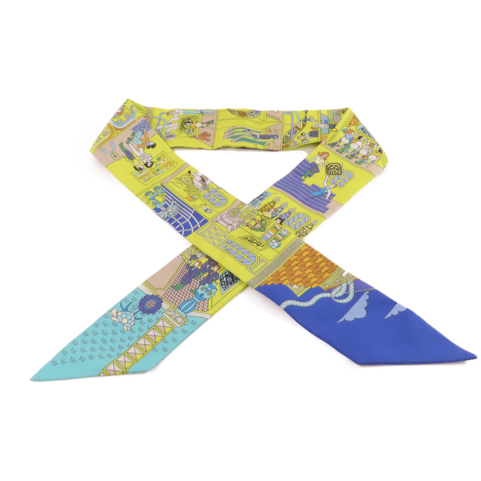 HERMES 絲質Twilly Scarf絲巾青黃色/藍色/彩色
