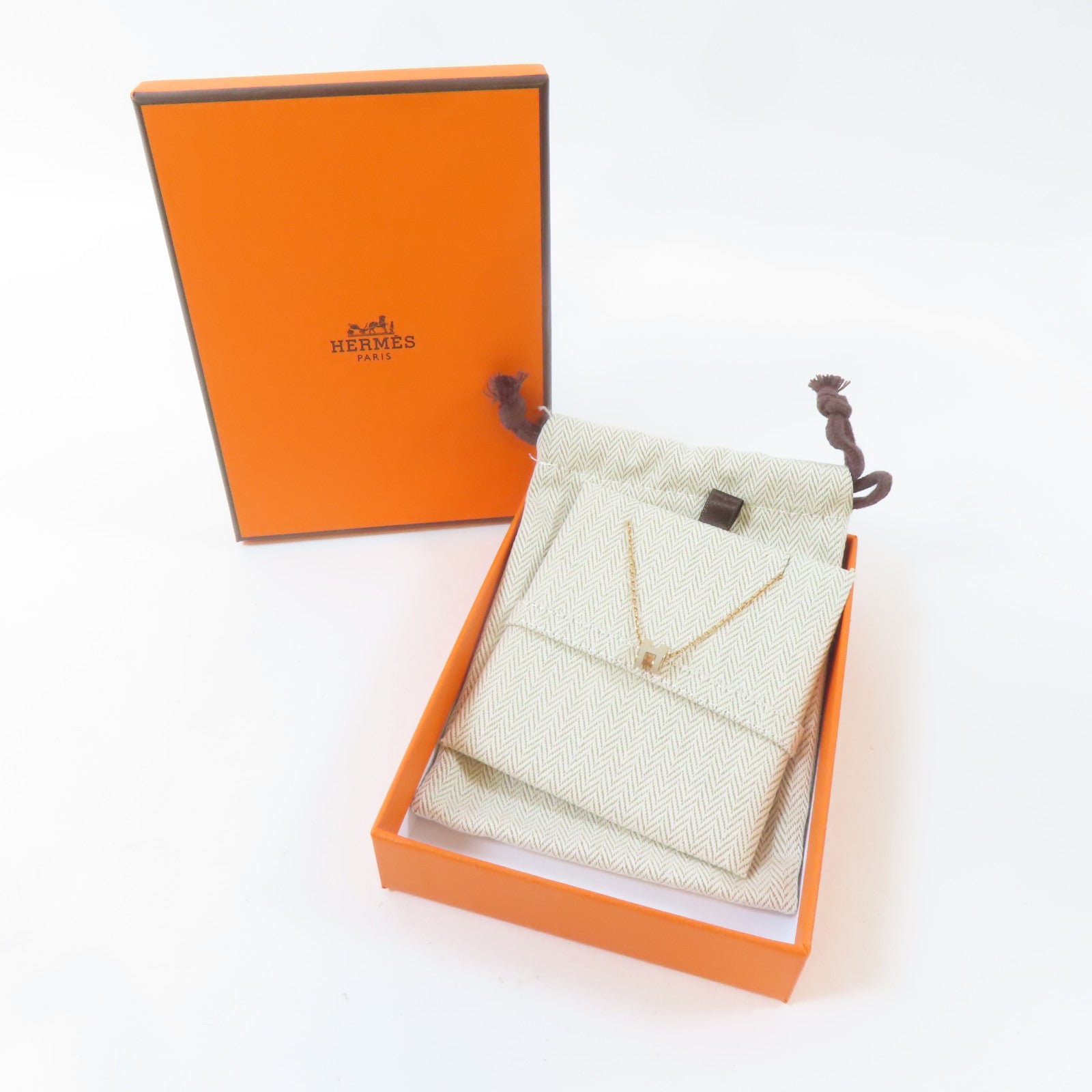 HERMES 金屬Mini Pop H Necklace項鍊金色/Marron Glace/灰色#40cm