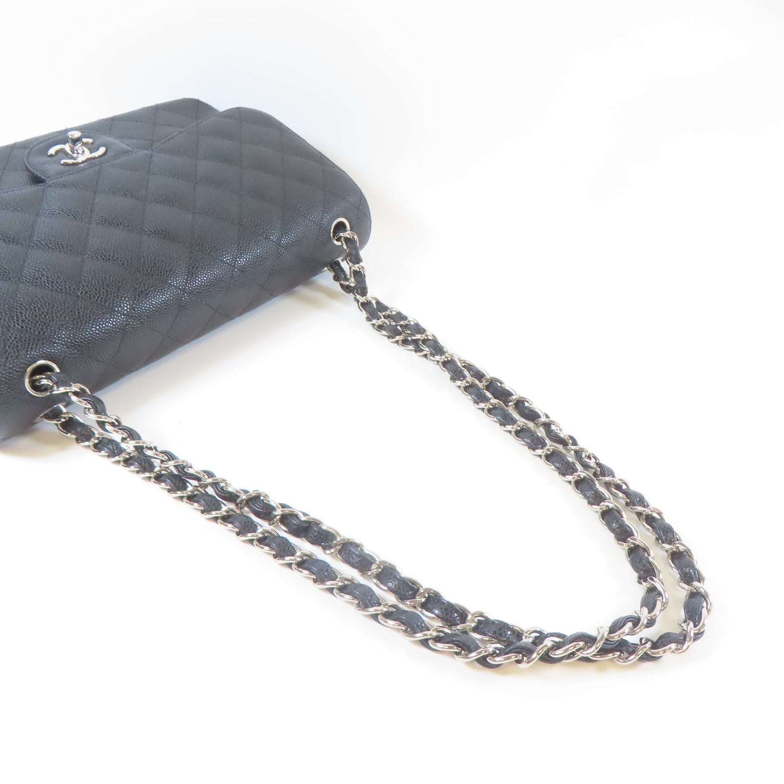 CHANEL **【激減優惠】菱格Caviar皮革Classic Jumbo銀扣鏈帶肩背袋黑色