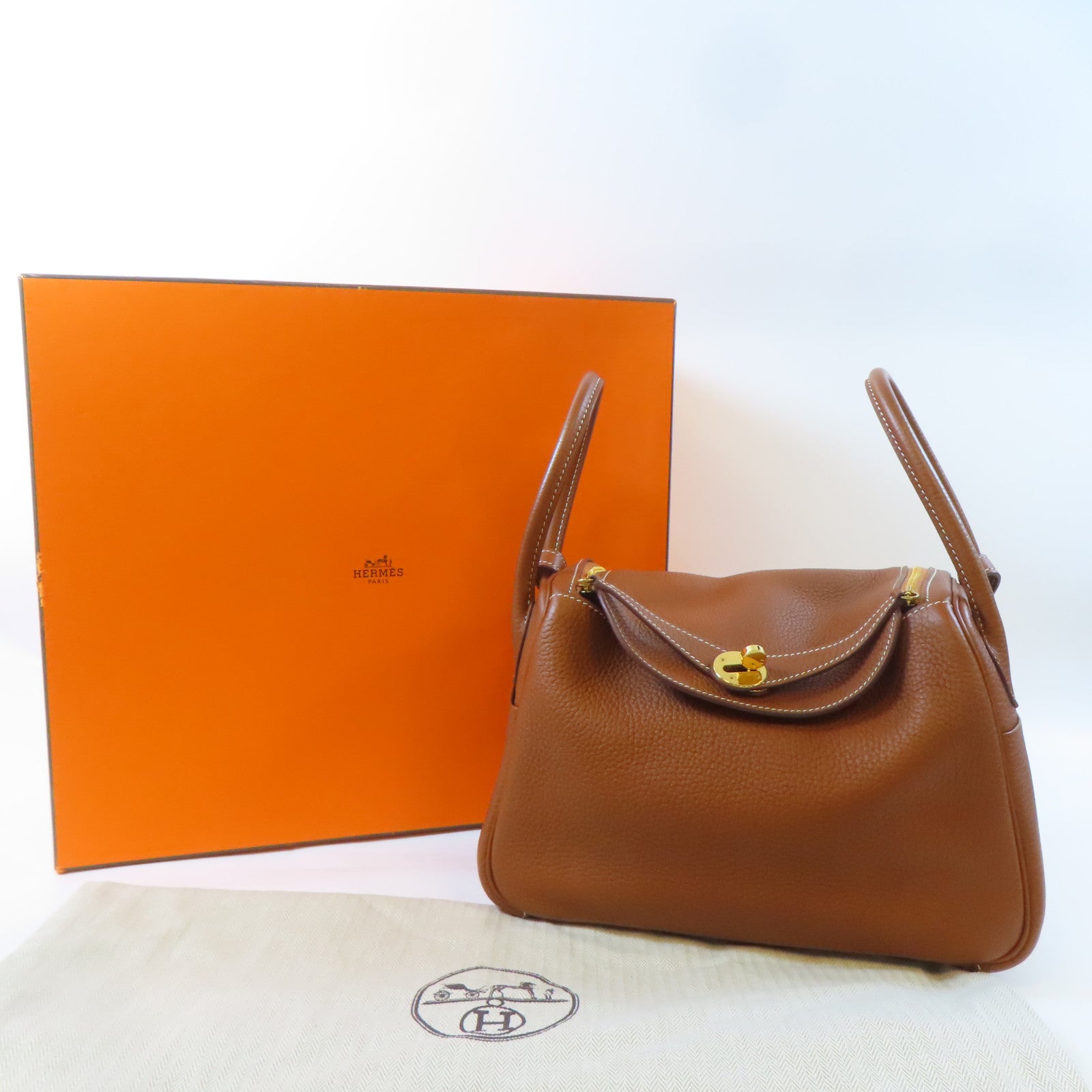 HERMES Clemence皮革Lindy 26金扣手挽肩背兩用袋Gold/啡色