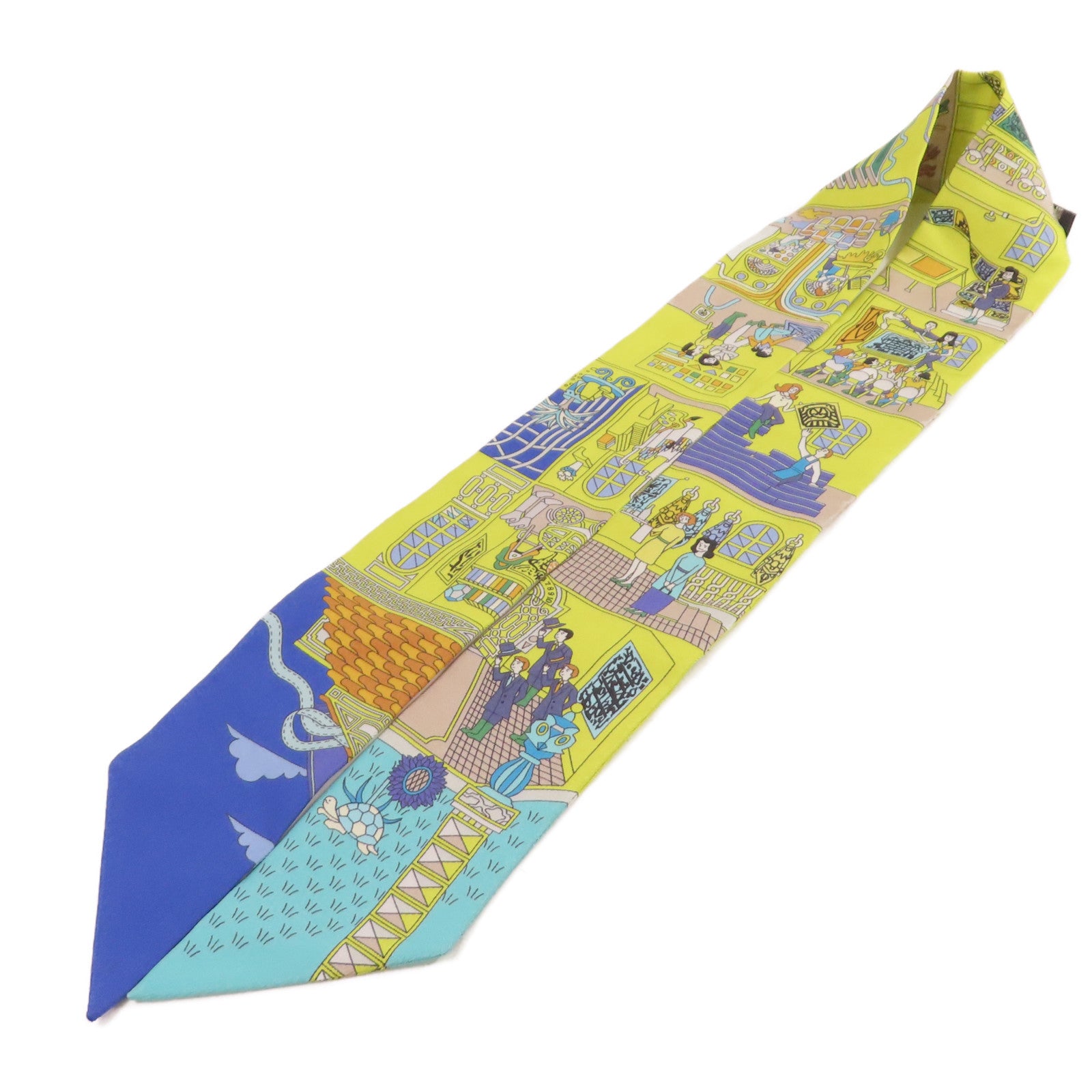 HERMES 絲質Twilly Scarf絲巾青黃色/藍色/彩色