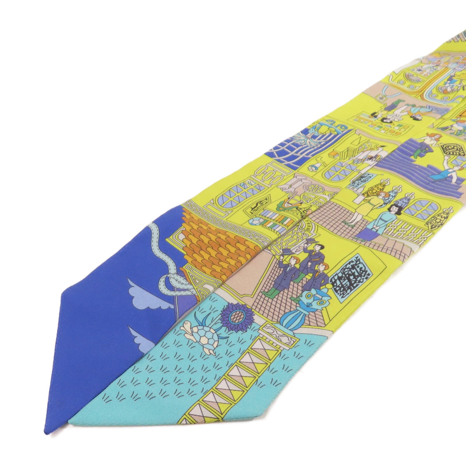 HERMES 絲質Twilly Scarf絲巾青黃色/藍色/彩色