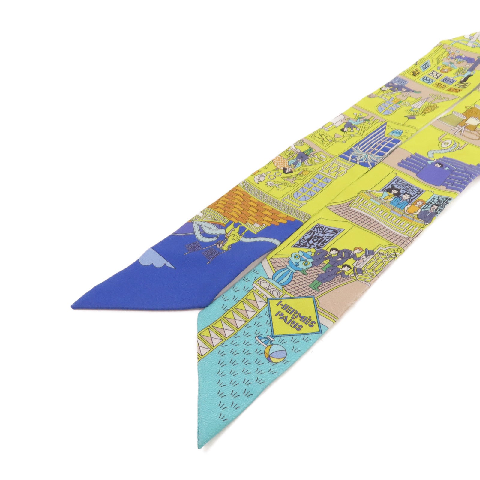 HERMES 絲質Twilly Scarf絲巾青黃色/藍色/彩色