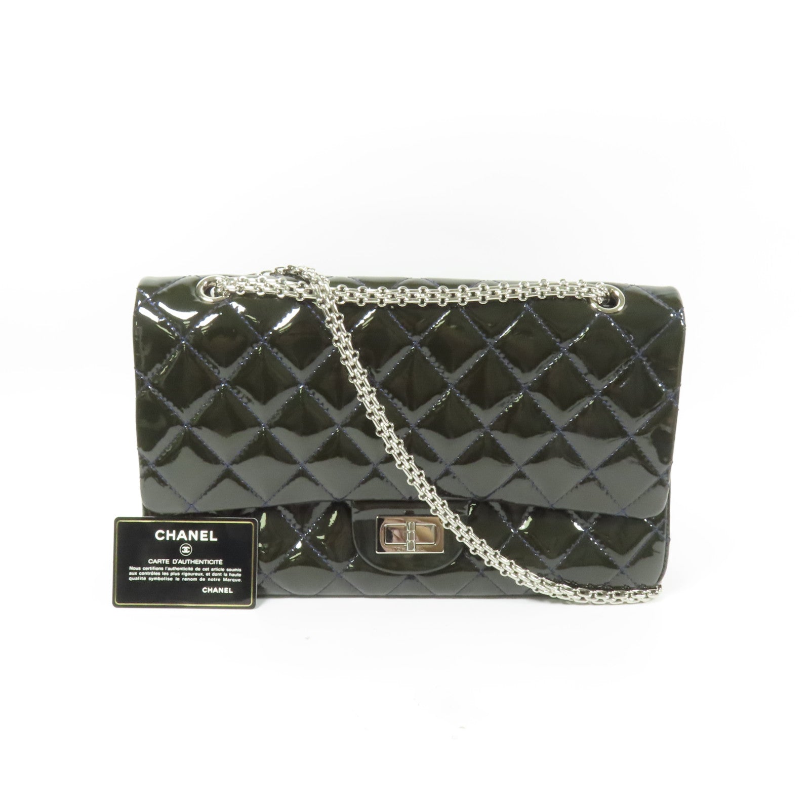 CHANEL 漆皮皮革2.55 Jumbo銀扣鏈帶肩背袋