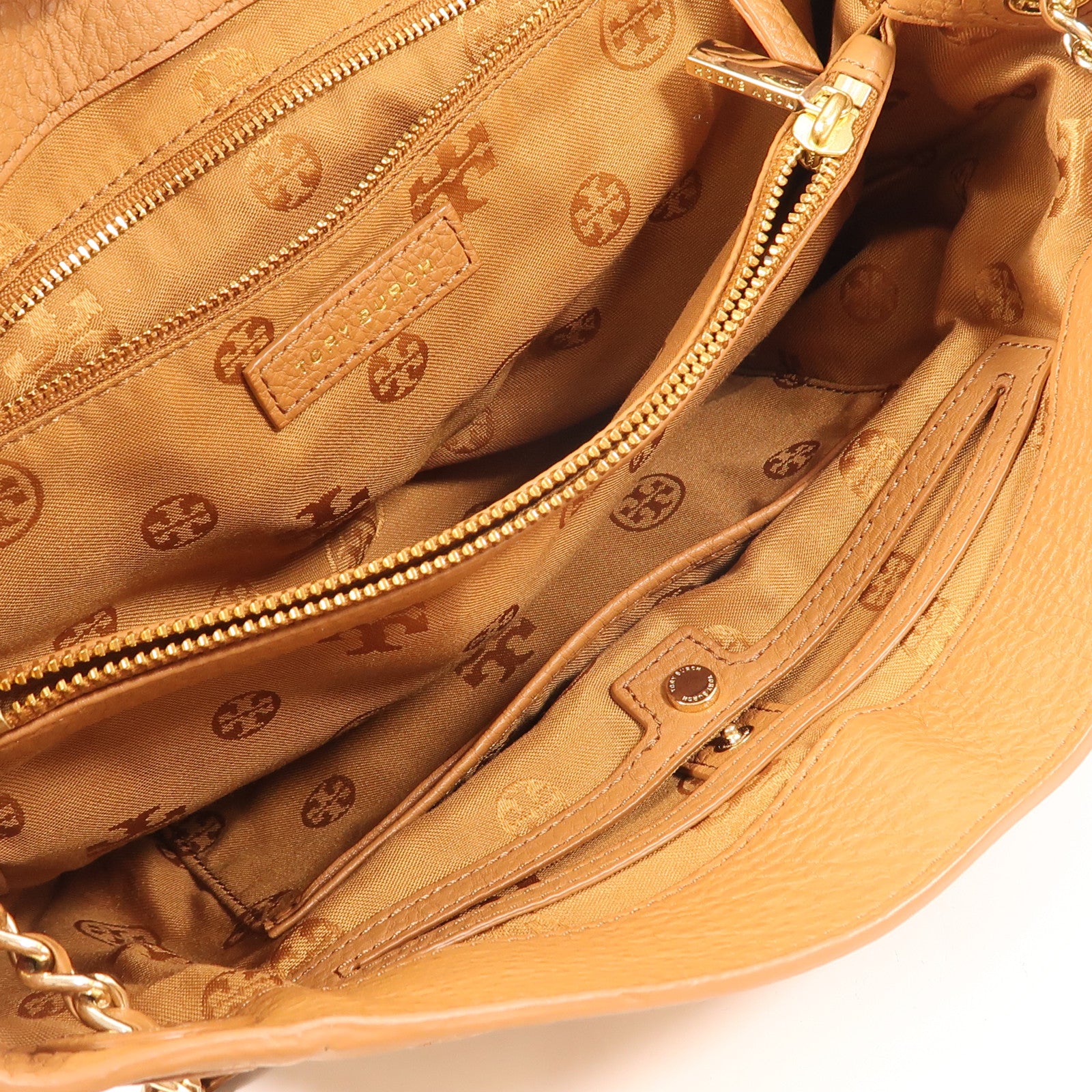 Tory Burch GHW Shoulder Bag Calfskin Leather Brown