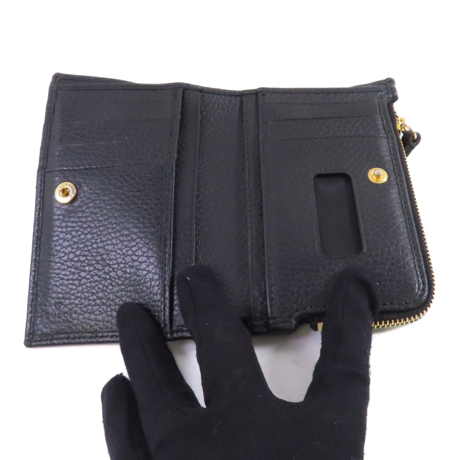 GUCCI 牛皮皮革Petit GG Marmont L-Shaped Zipper Medium Wallet金扣錢包黑色