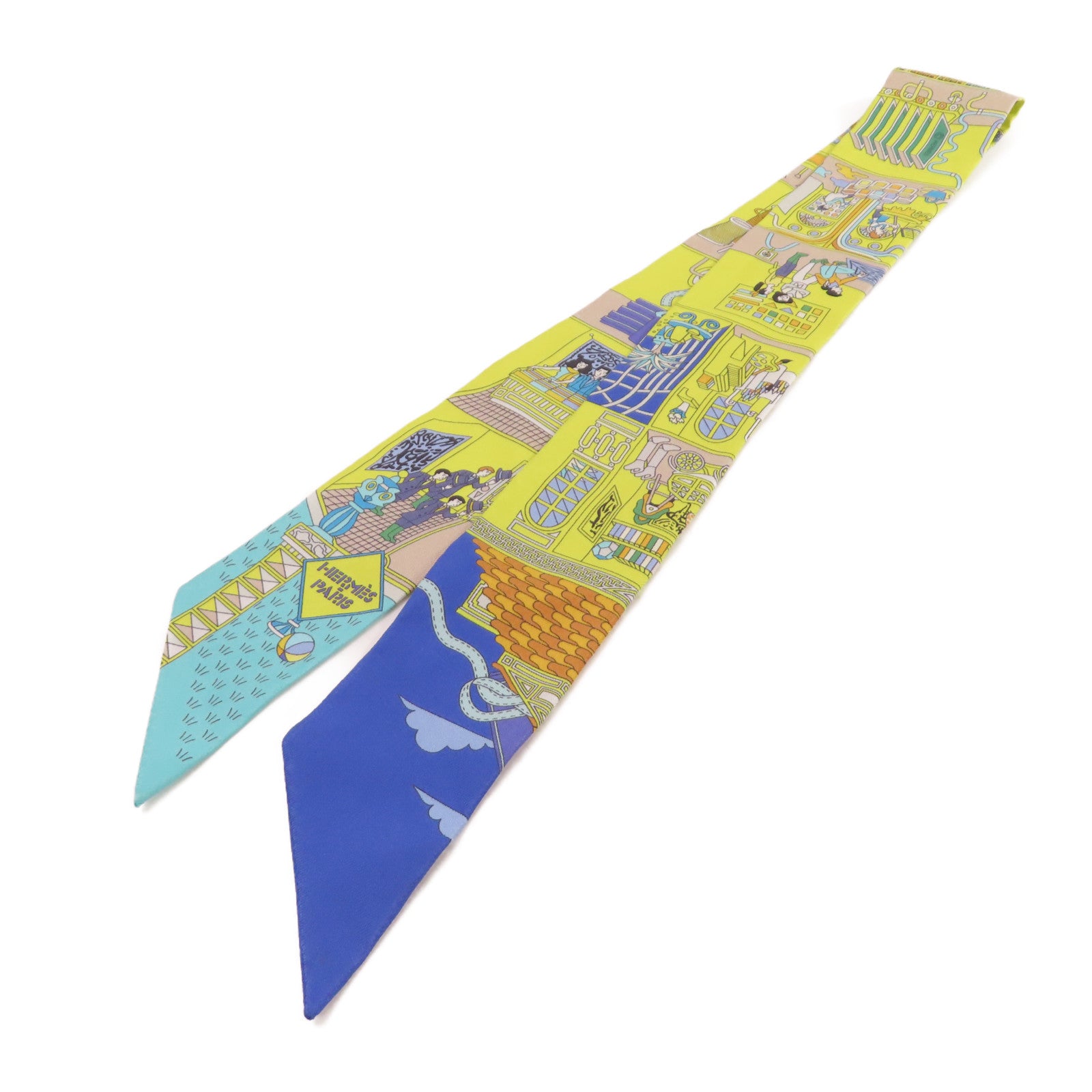 HERMES 絲質Twilly Scarf絲巾青黃色/藍色/彩色