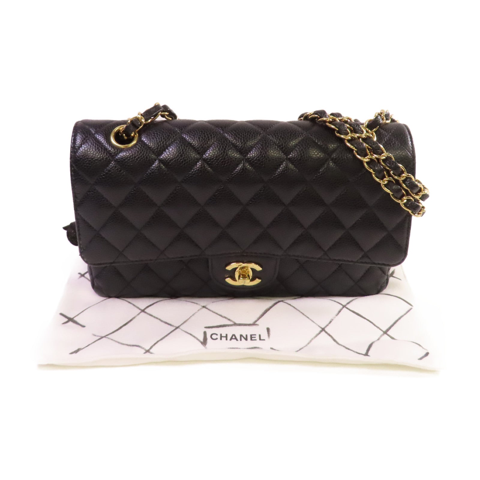 CHANEL 菱格Caviar皮革Classic 25 Chain Shoulder Bag金扣鏈帶肩背袋黑色