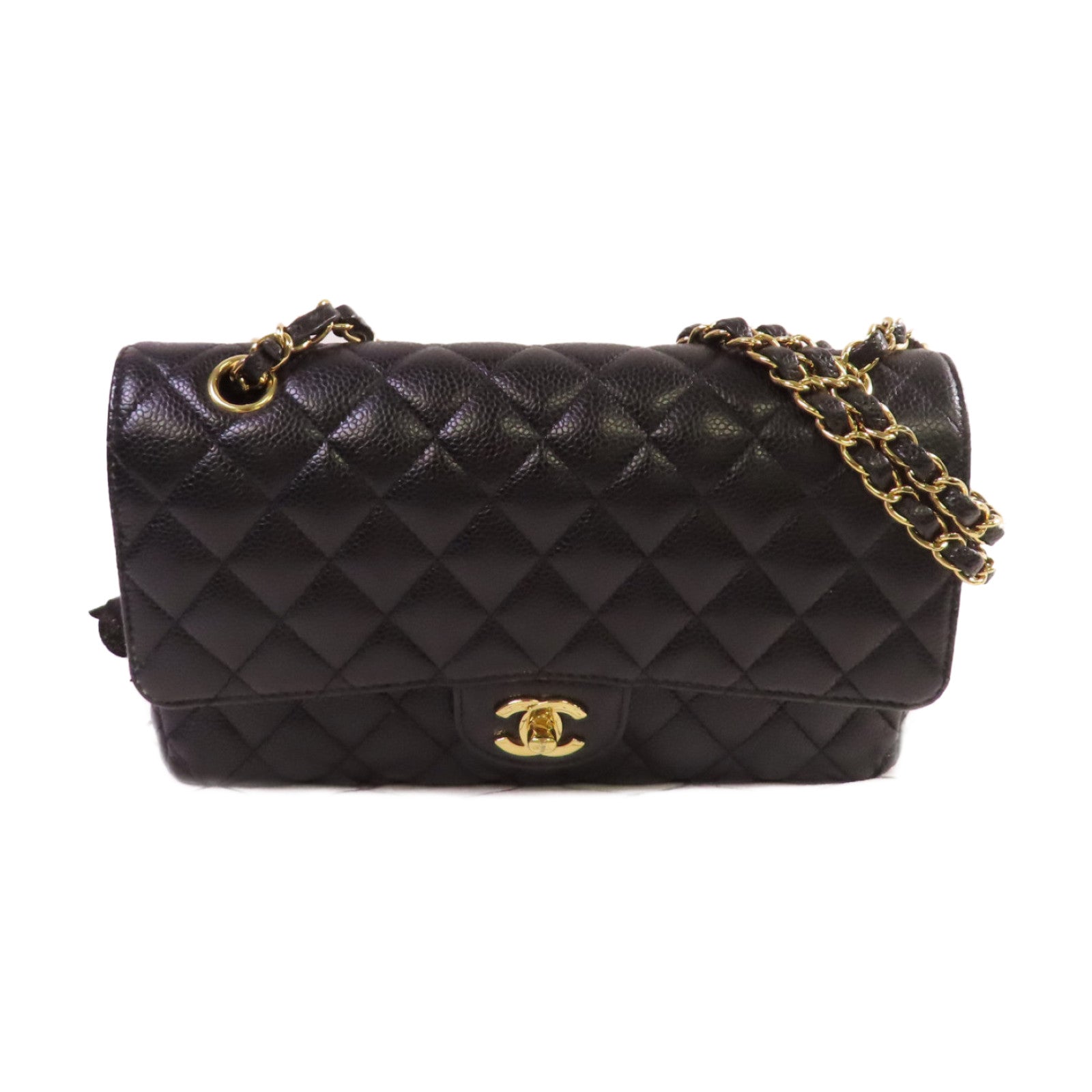 CHANEL 菱格Caviar皮革Classic 25 Chain Shoulder Bag金扣鏈帶肩背袋黑色
