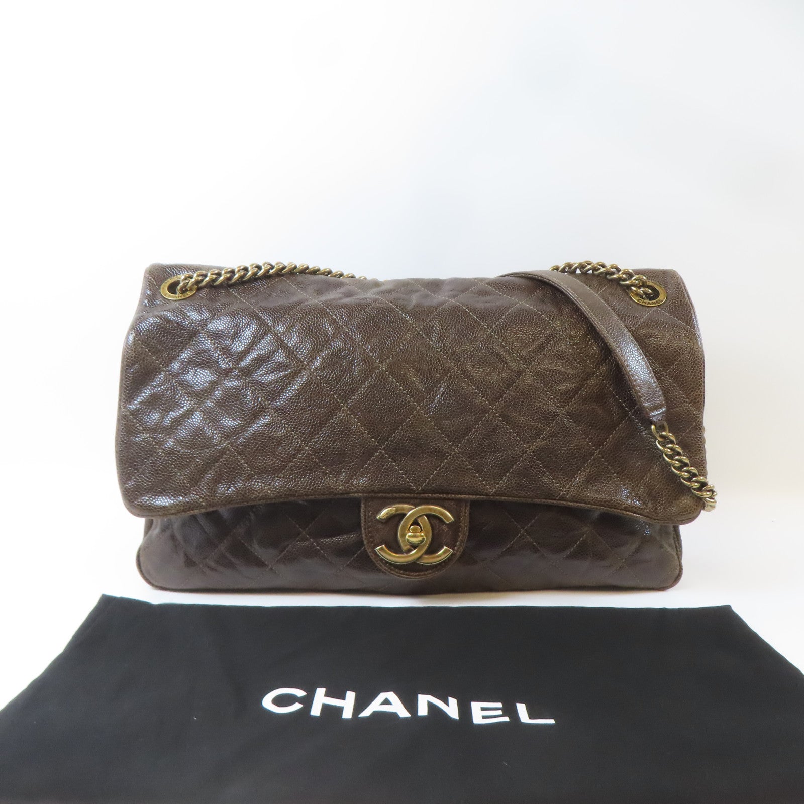 CHANEL 菱格Caviar皮革Chain Shoulder Bag金扣鏈帶肩背袋啡色