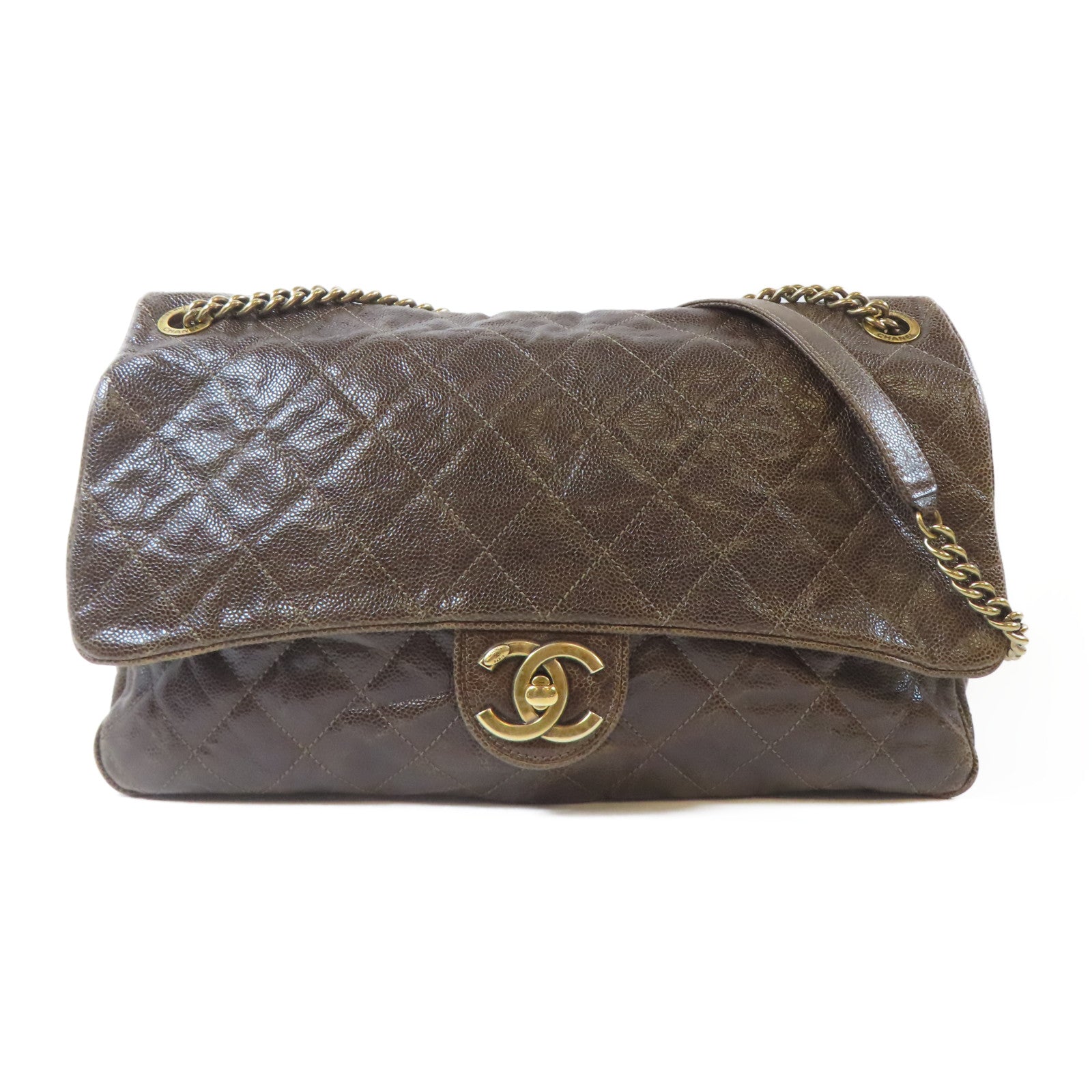 CHANEL 菱格Caviar皮革Chain Shoulder Bag金扣鏈帶肩背袋啡色