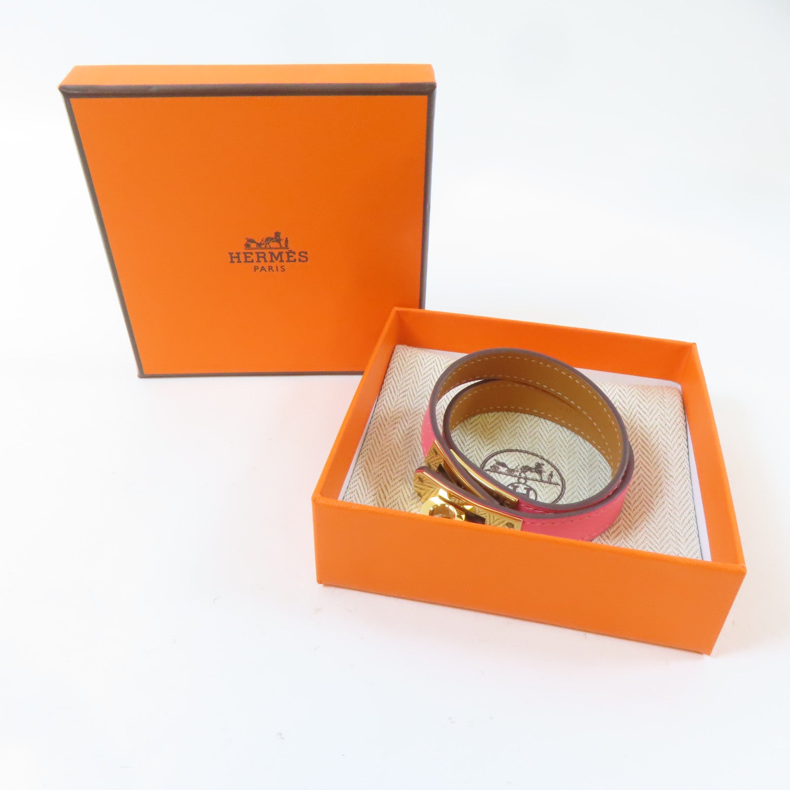 HERMES Swift皮革Kelly Double Tour Bracelet金扣手鐲Rose Azalee/粉紅色#15cm