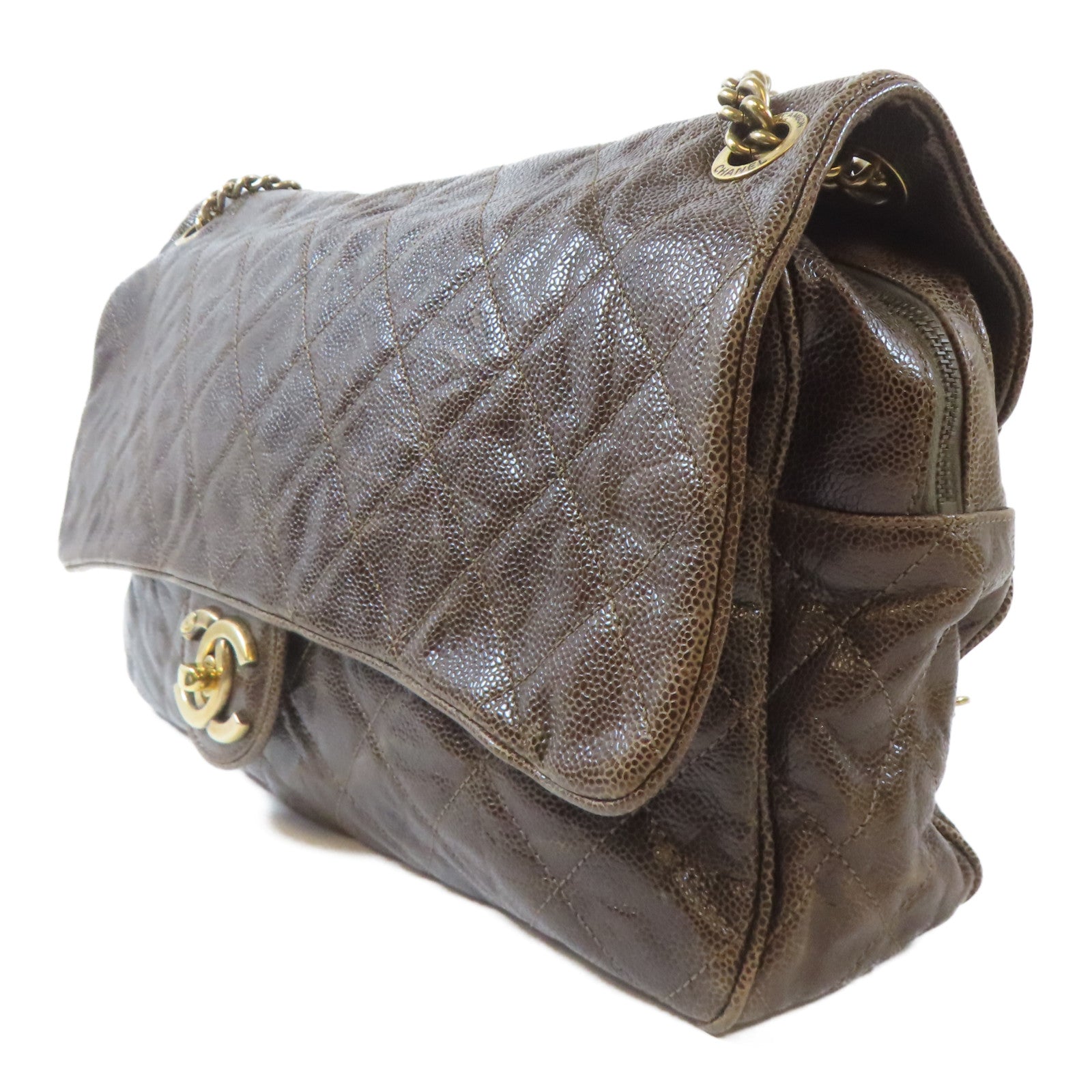 CHANEL 菱格Caviar皮革Chain Shoulder Bag金扣鏈帶肩背袋啡色