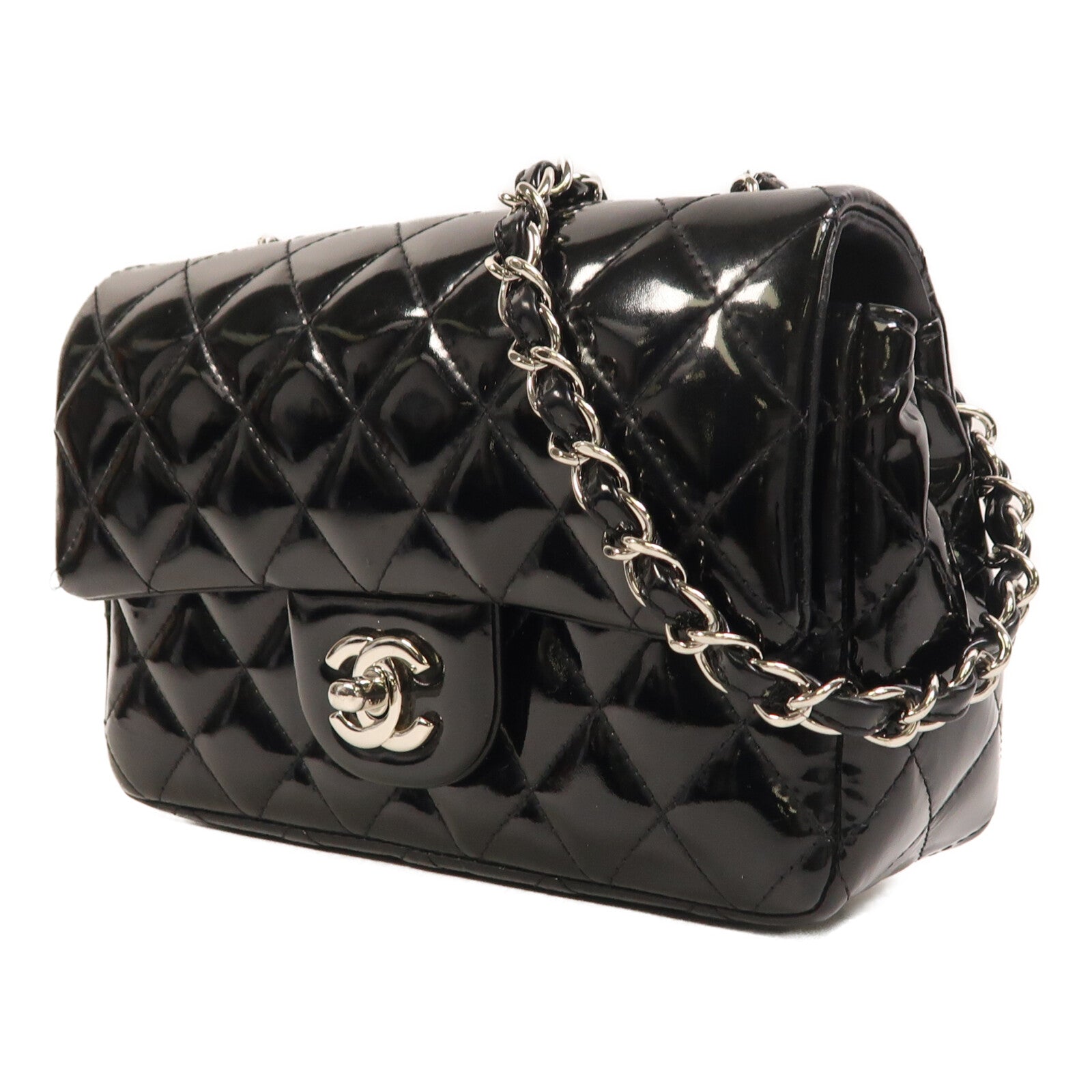 CHANEL 漆皮皮革Mini Classic 20銀扣鏈帶肩背袋