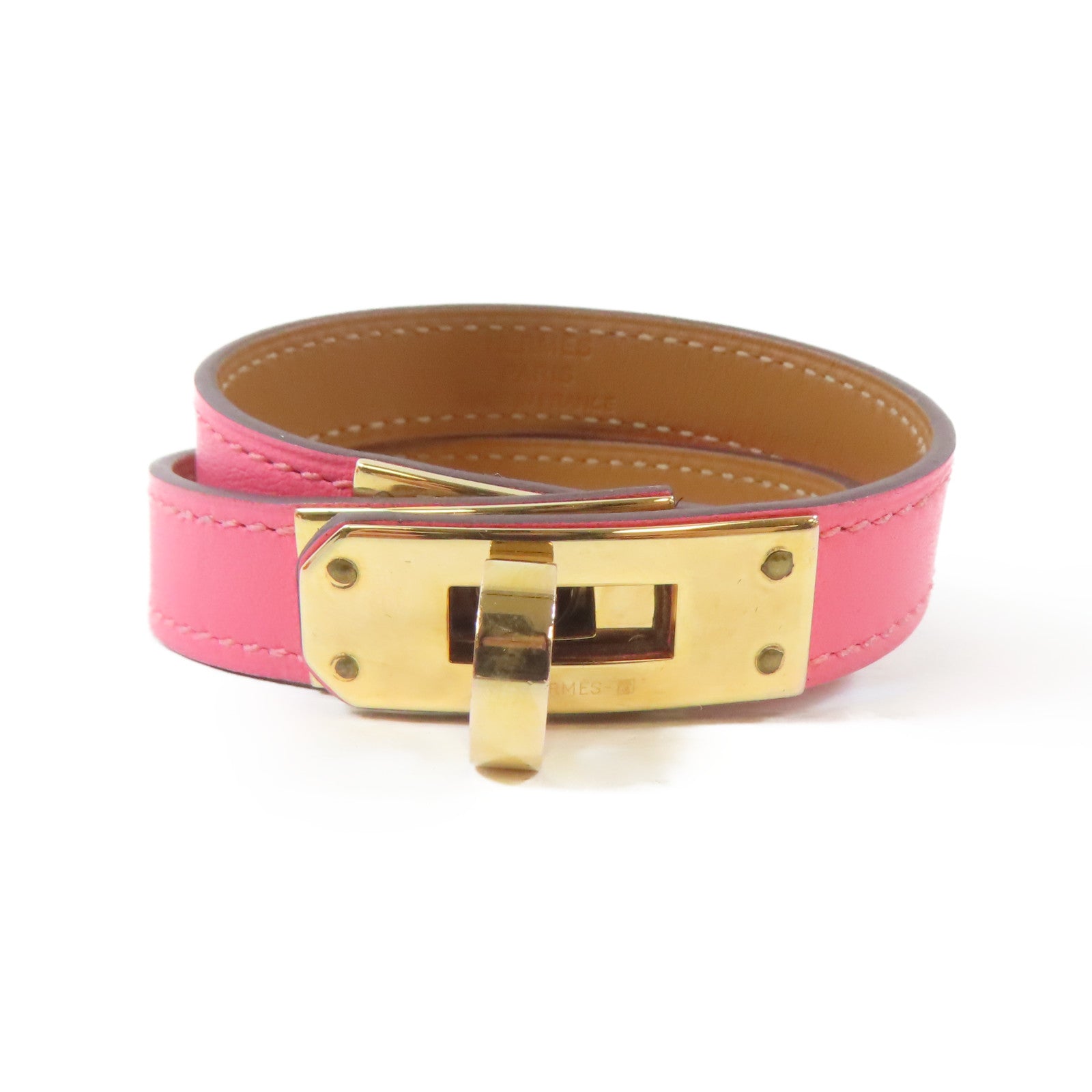 HERMES Swift皮革Kelly Double Tour Bracelet金扣手鐲Rose Azalee/粉紅色#15cm