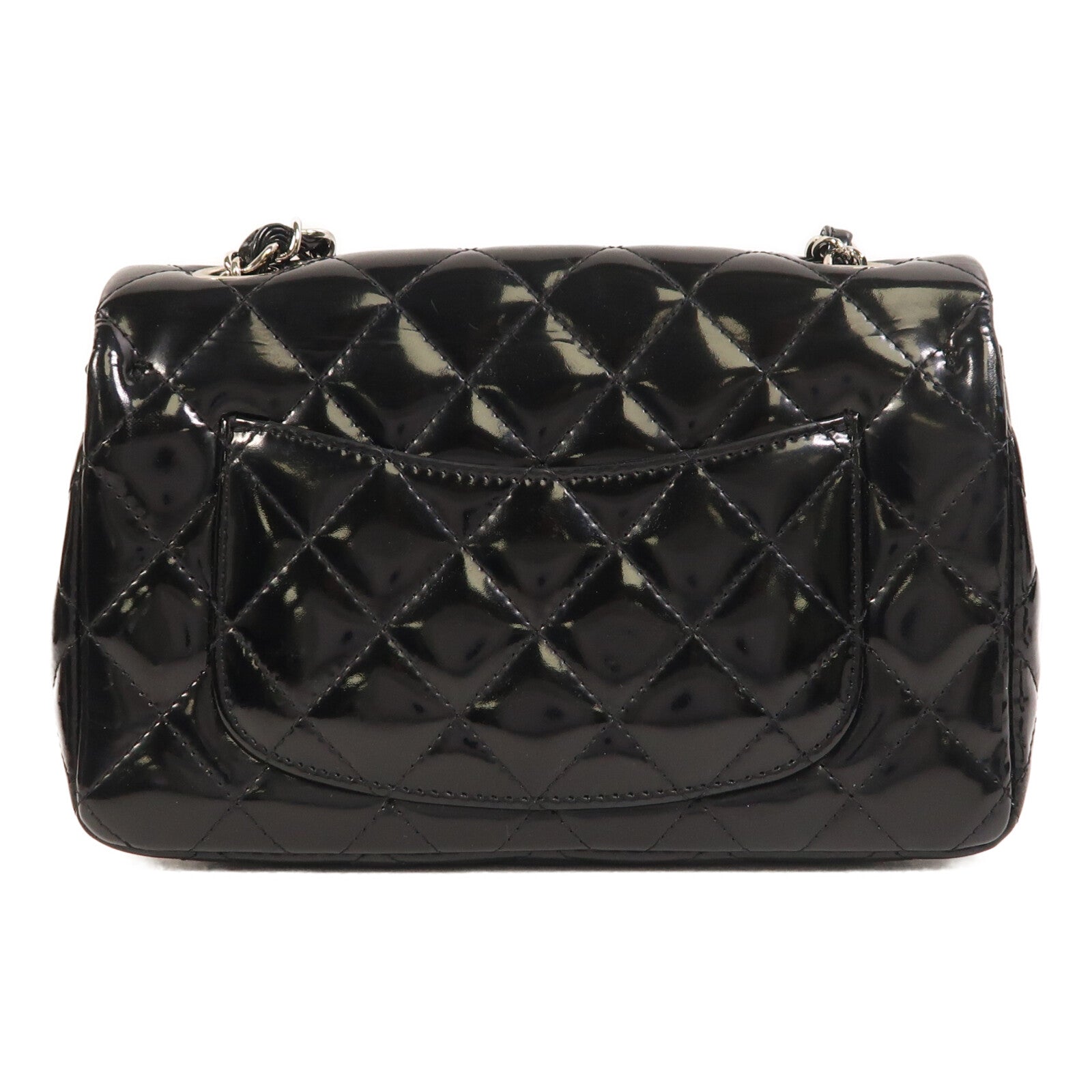 CHANEL 漆皮皮革Mini Classic 20銀扣鏈帶肩背袋