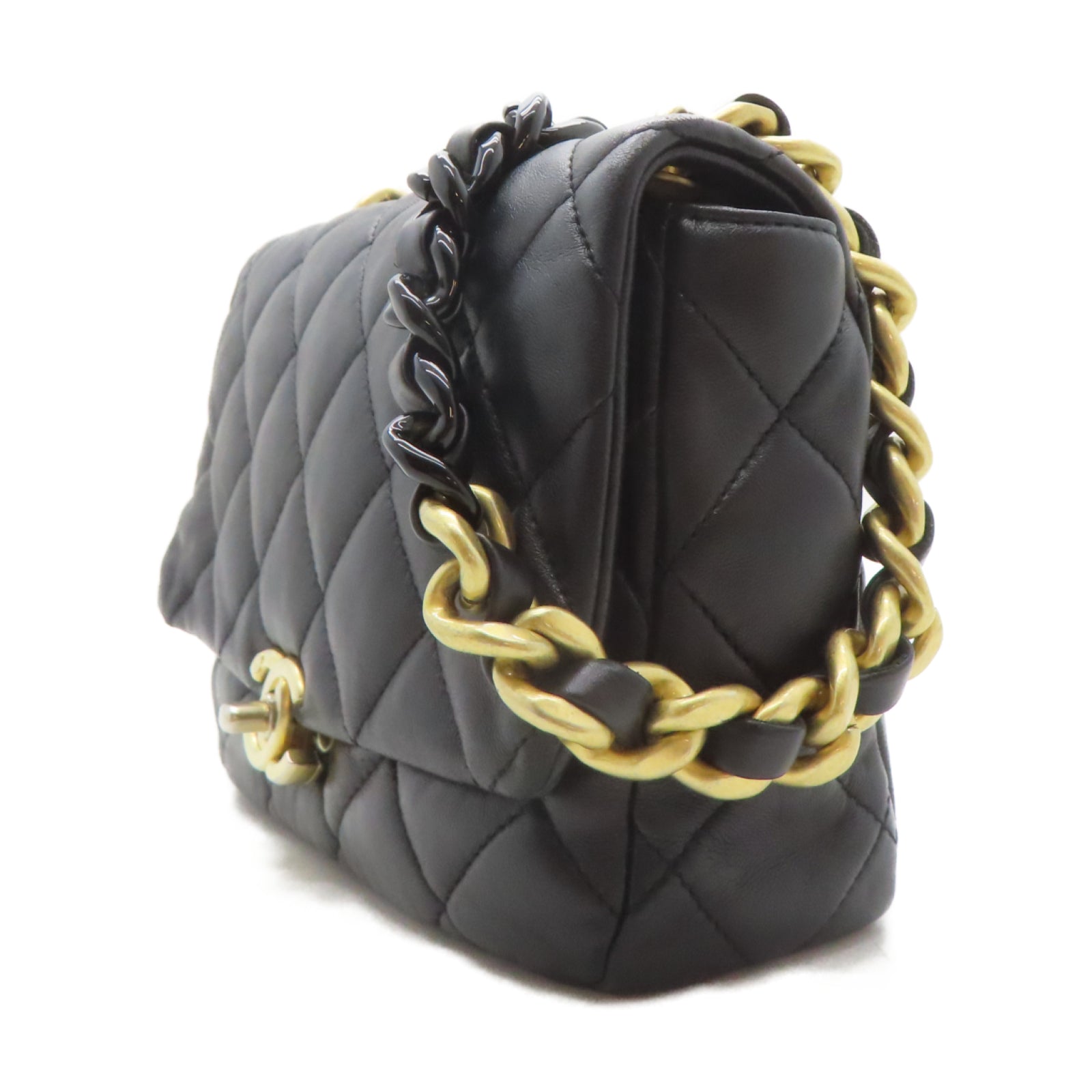 CHANEL **【激減優惠】菱格牛皮皮革Chain Shoulder金扣鏈帶肩背袋黑色