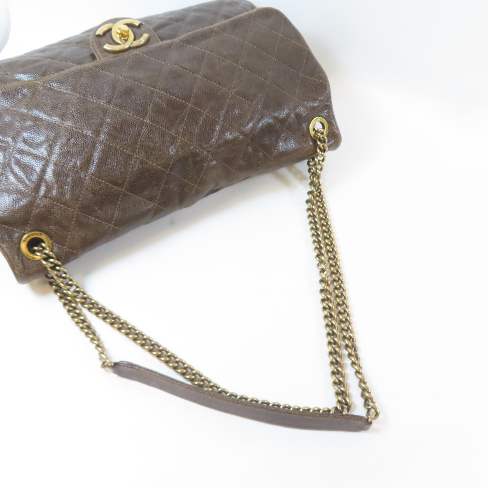CHANEL 菱格Caviar皮革Chain Shoulder Bag金扣鏈帶肩背袋啡色
